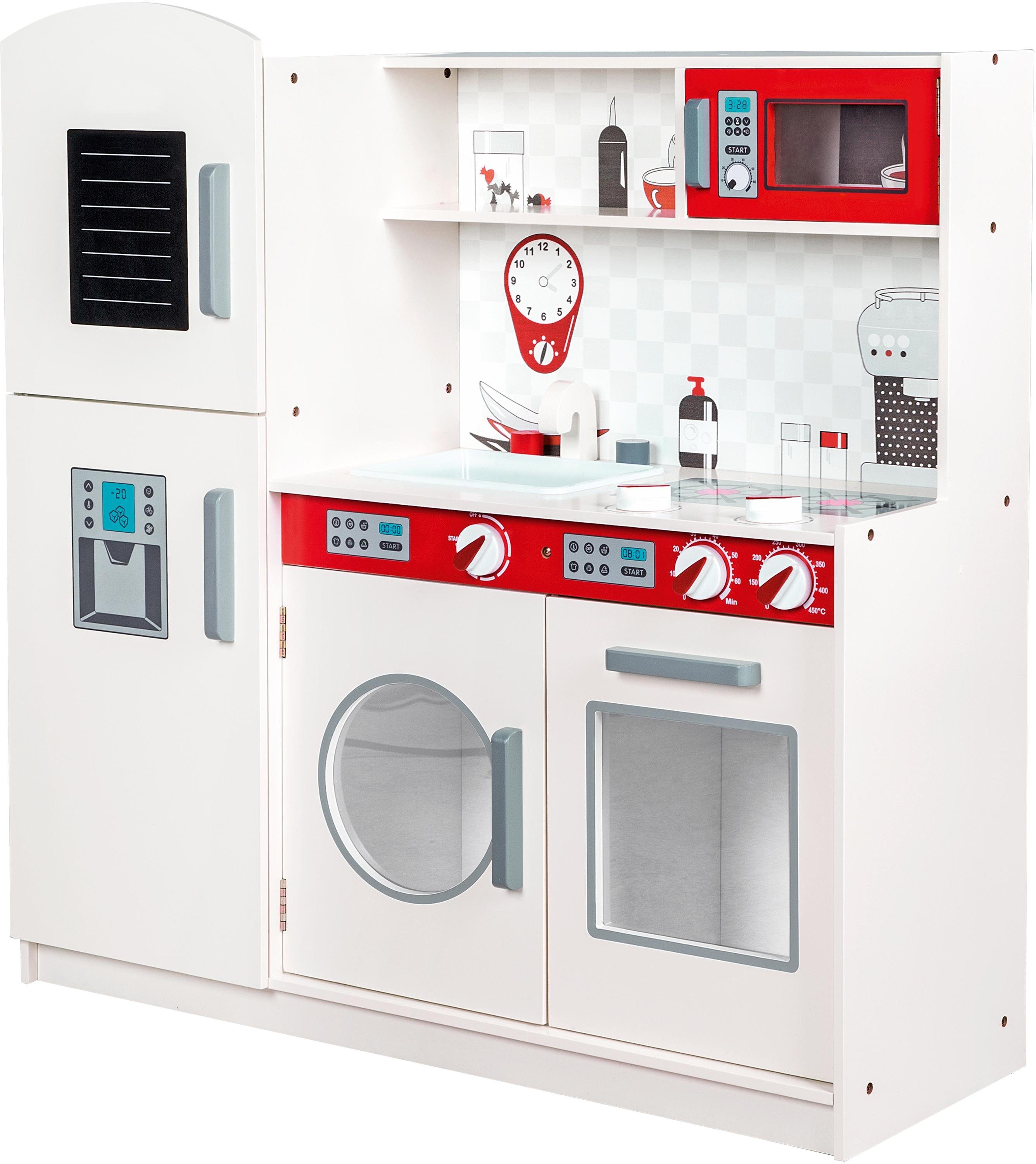 roba® Spielküche Spiel- bzw. Kinderküche MDF (lackiert), weiß/ rot,  Kühlschrank, Tafel, Herd, Mikrowelle, Spüle, Wasserhahn