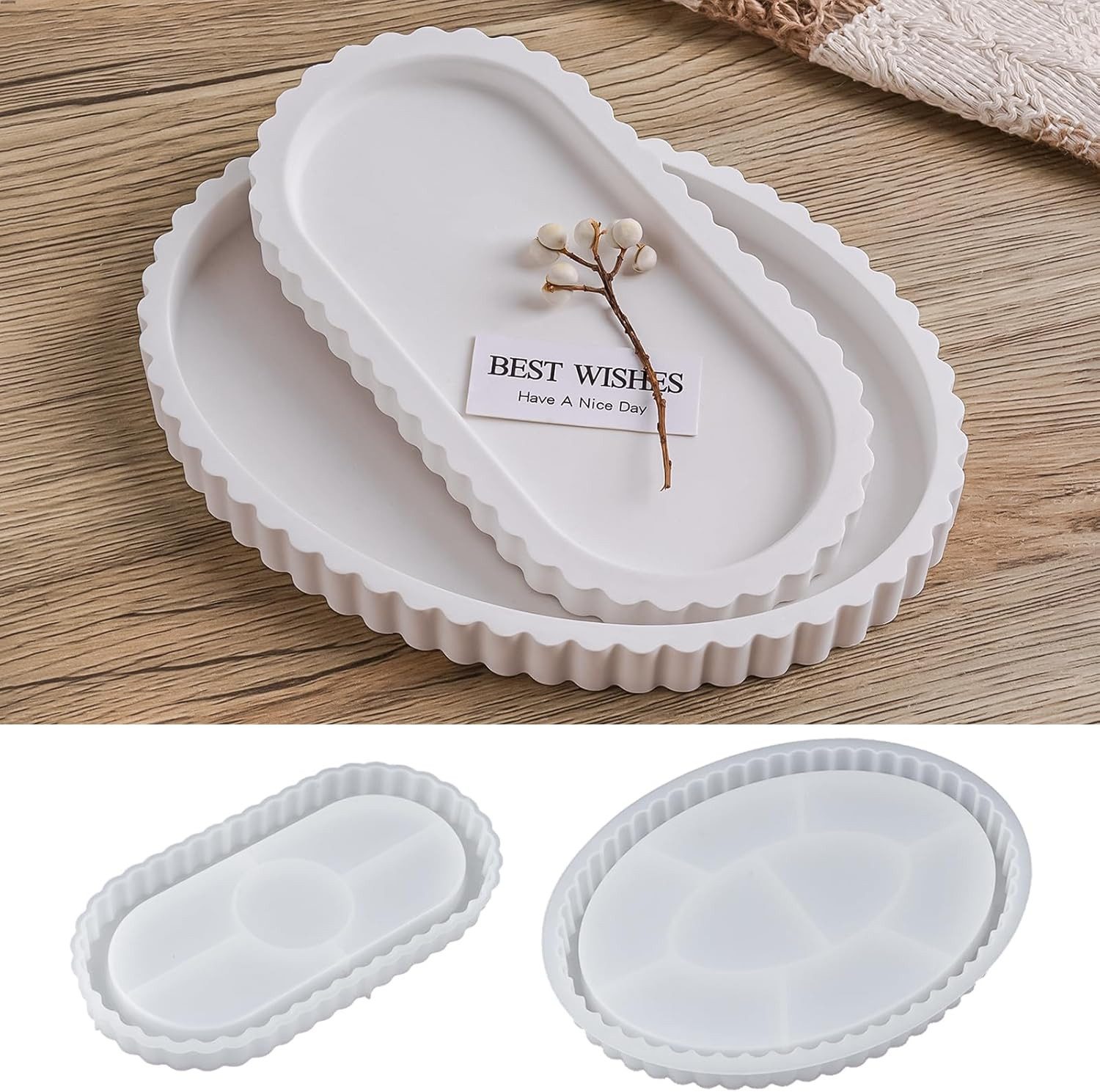 FOUORTUNATE-BEE Silikonform 2er Set Silikonformen – Wellenrand-Ovaltabletts für Gießen, (2-tlg), Silikonform für Beton, Gips und Epoxidharz – Ovaltabletts