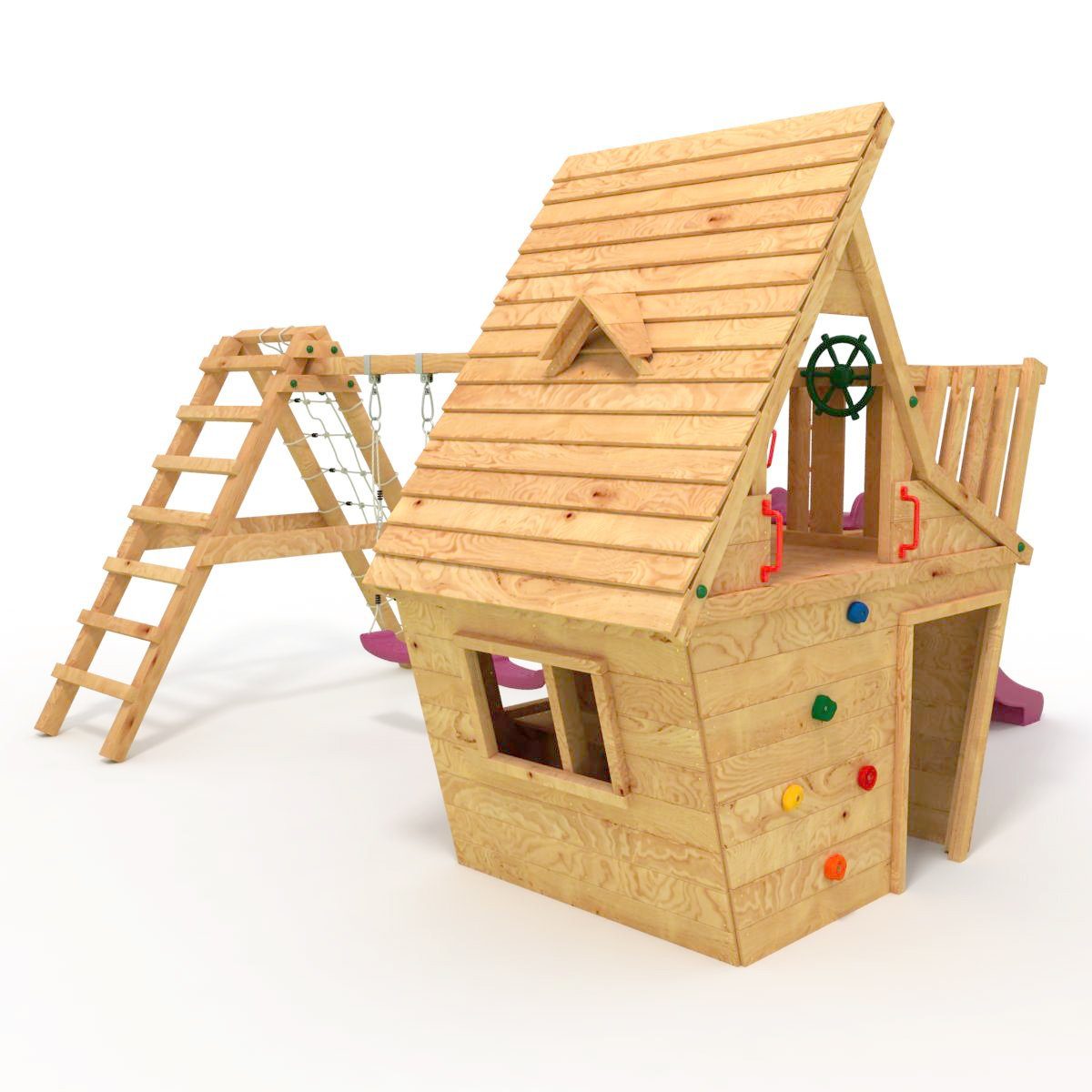 bibex Spielturm Wunderhäuschen M120 + Rutsche, 2xSchaukel, Knotennetz, Klettersteine
