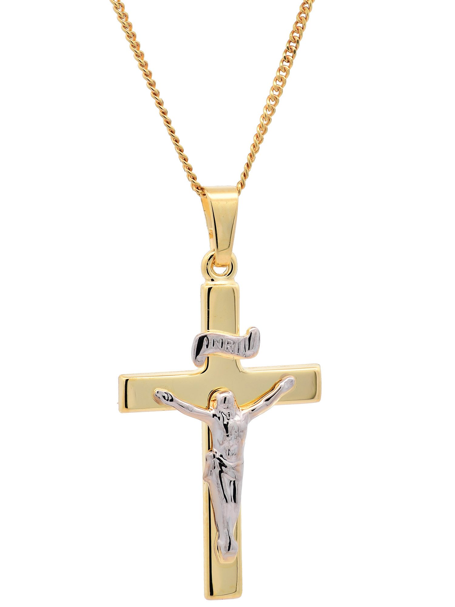 Kreuzanhänger Anhänger Kreuz Korpus 585 Gold mit vergoldeter Silberkette 36 cm