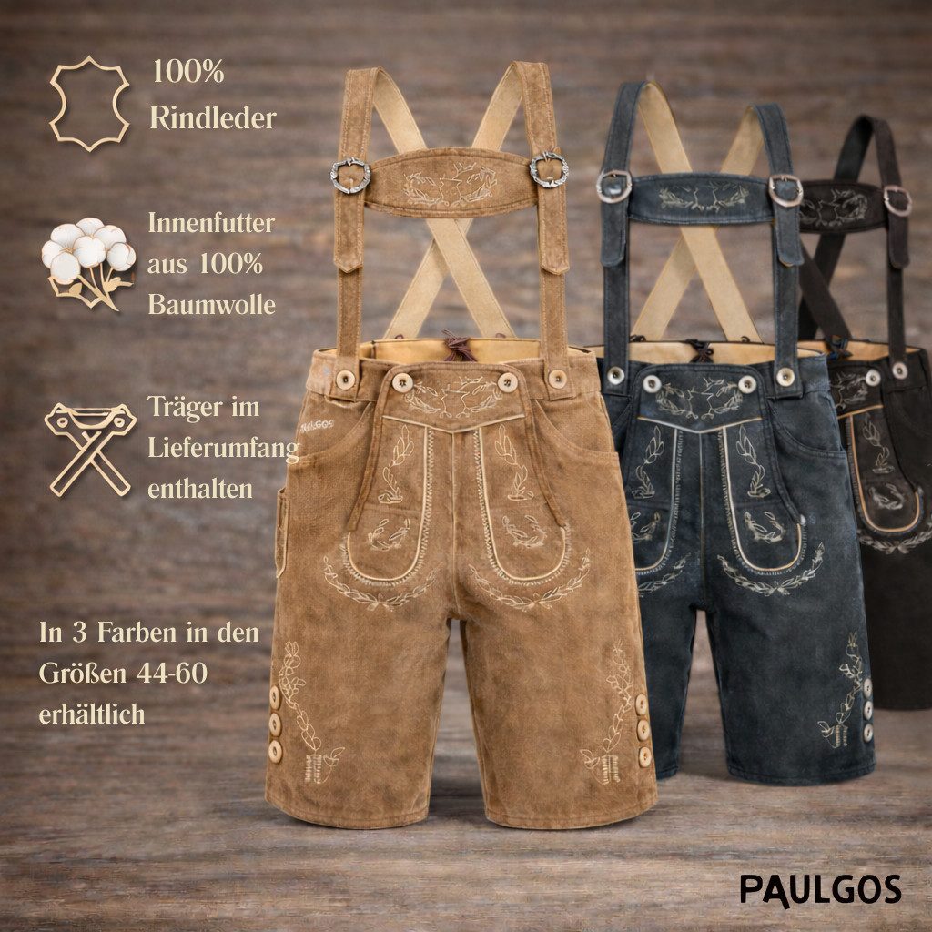 PAULGOS Trachtenhose Herren Lederhose Kurz mit Trägern 100% Echtleder - HK1