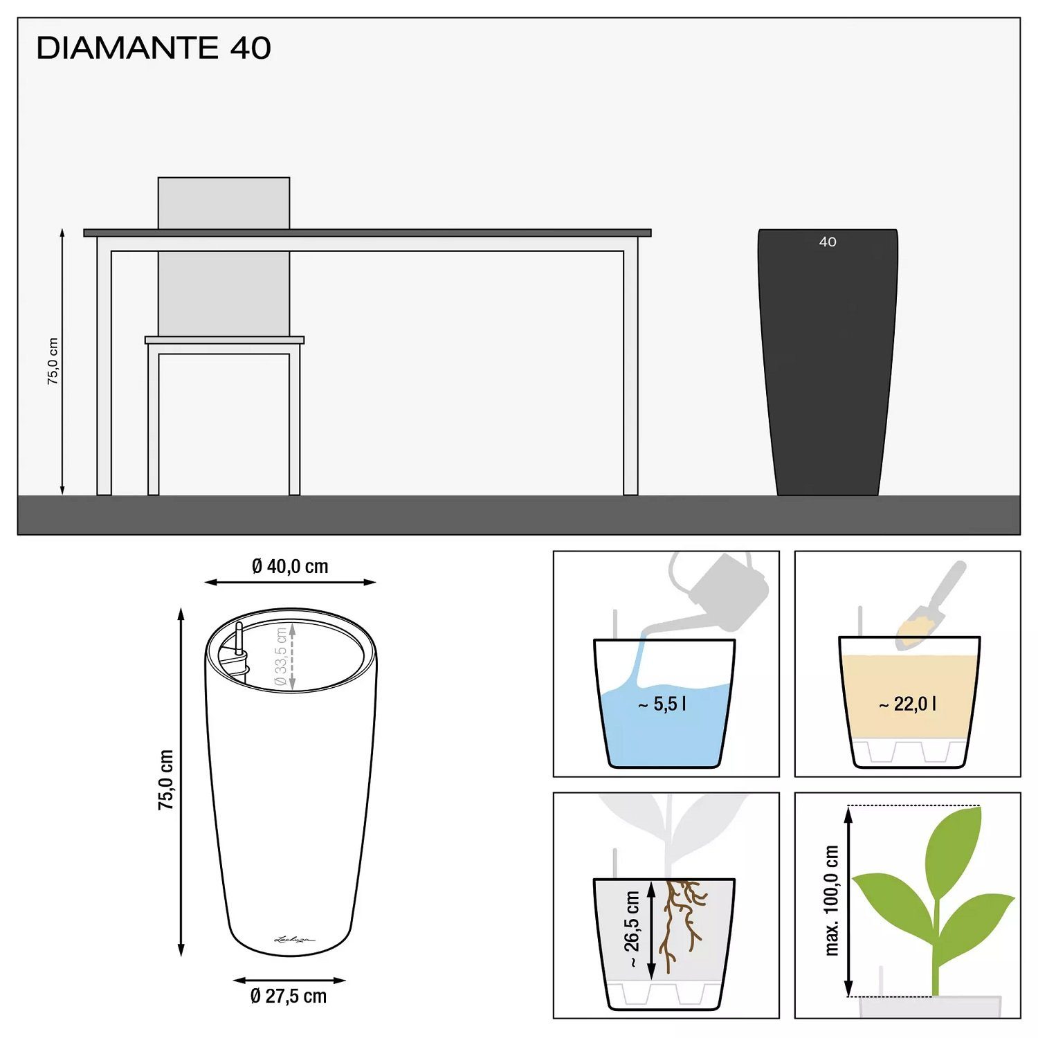 Lechuza® Blumentopf Diamante Premium Komplettset weiss matt