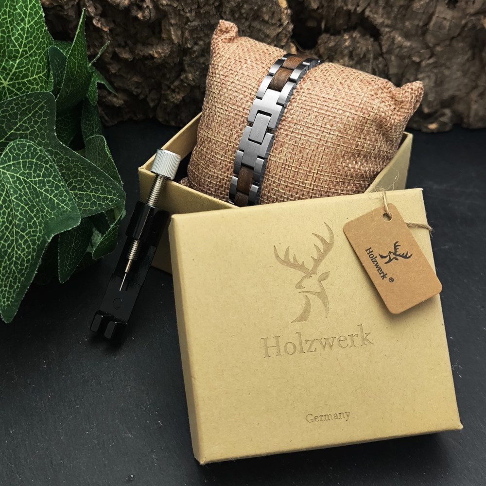 Holzwerk Edelstahlarmband Designer Holz Armband, Armkette Gliederarmband, Holz Unikate inkl. Armbandkürzer, ideal als Geschenk