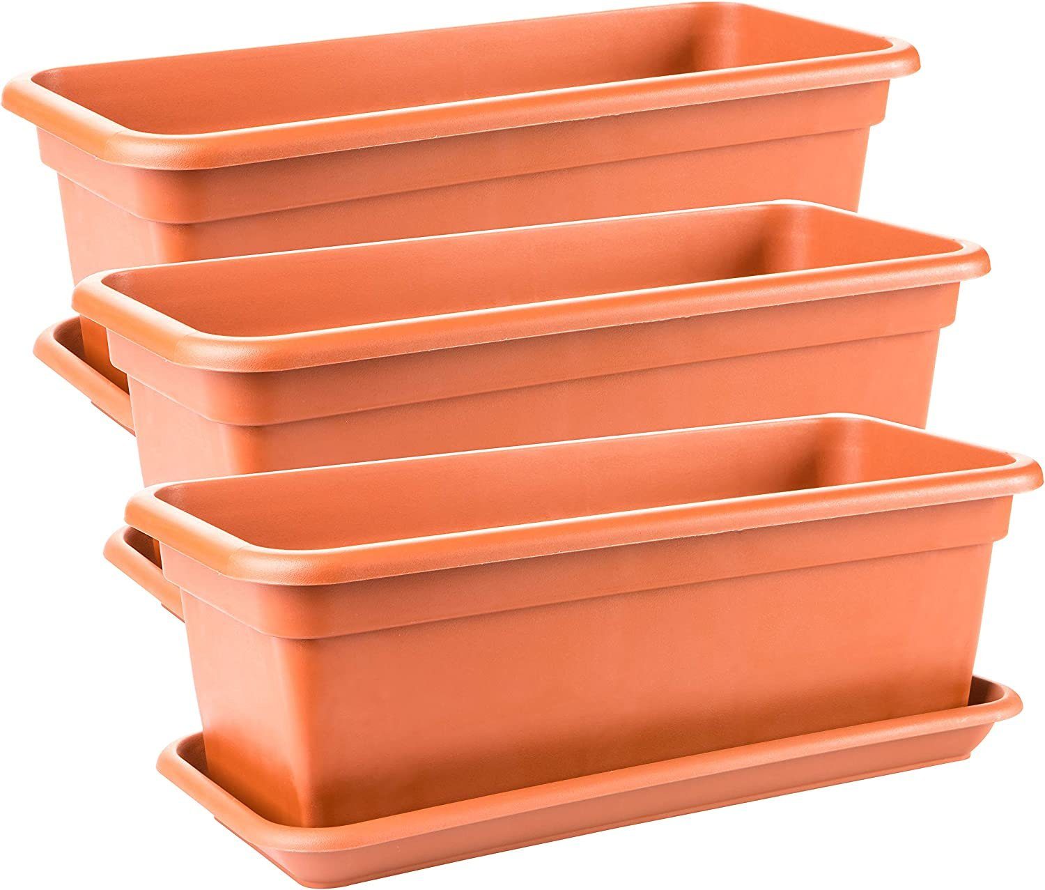 Centi Blumenkasten Balkonkasten eckig Balkonkasten mit Untersetzer (Spar Set, 3 St., 40 cm), Terracotta, hochwertiger Kunststoff, Made in EU