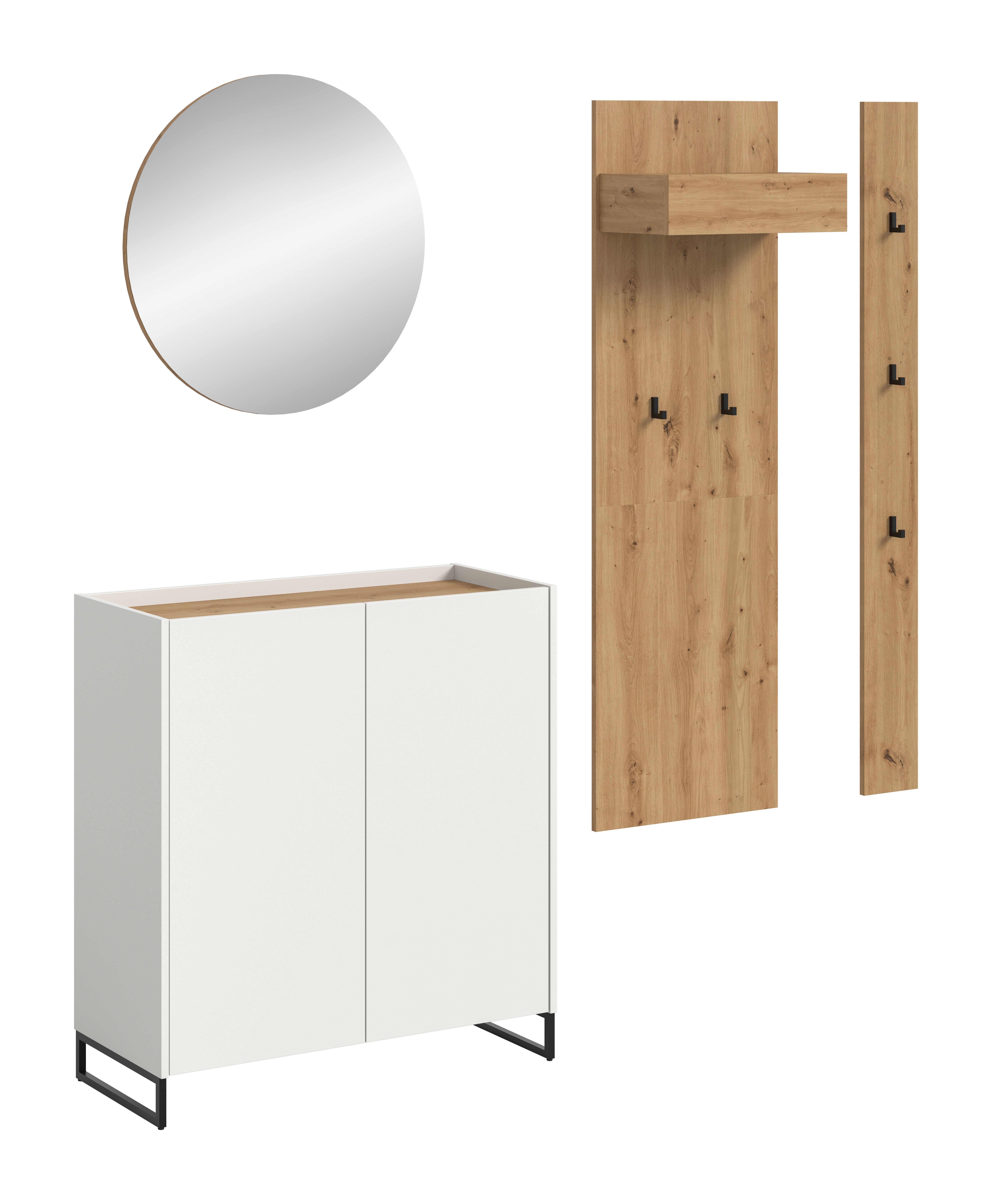furnling Garderoben-Set Dravo, (4-St., 2x Garderobenpaneel, Schuhkommode, Spiegel), 5 Haken, große Spiegelfläche, weiß/Artisan Oak, Breite 206 cm