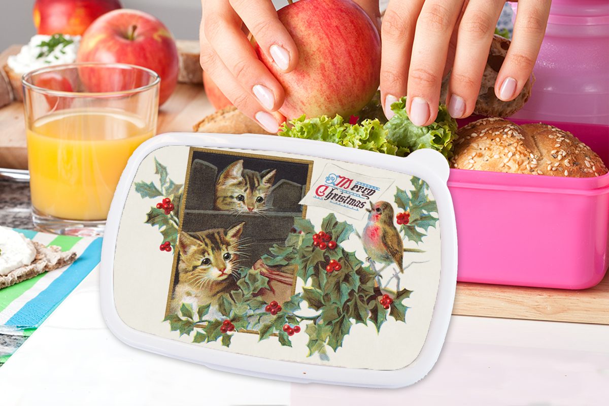 Weihnachten Lunchbox Kinder, Mädchen, Brotbox - rosa Brotdose für - Katzen Kunststoff Vogel, (2-tlg), MuchoWow Kunststoff, Snackbox, Erwachsene,