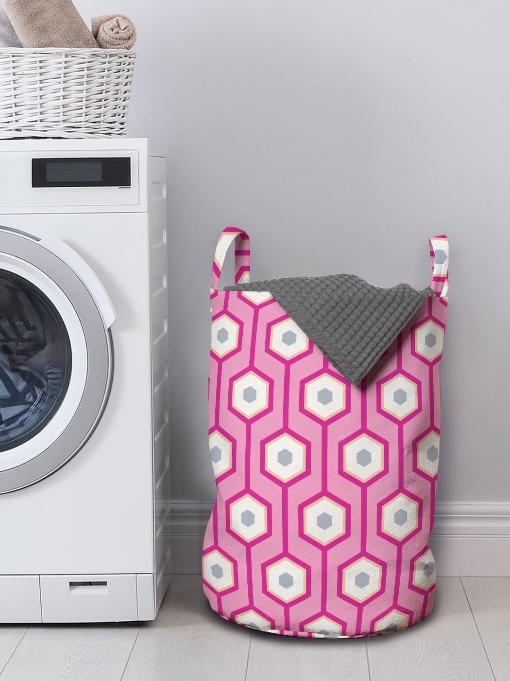 Abakuhaus Wäschesäckchen Wäschekorb mit Griffen Kordelzugverschluss Hexagons Waschsalons, Vertikal Dots Rosa für