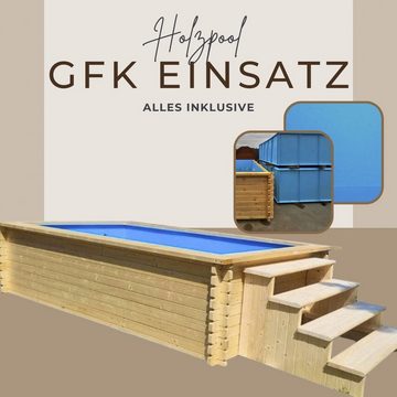 EDEN Holzmanufaktur Rechteckpool Fix&Fertig Fichtenholz Pool, inkl. blauem Einsatz, Dämmung, Einstiegstreppe & -Leiter, Wasserablauf