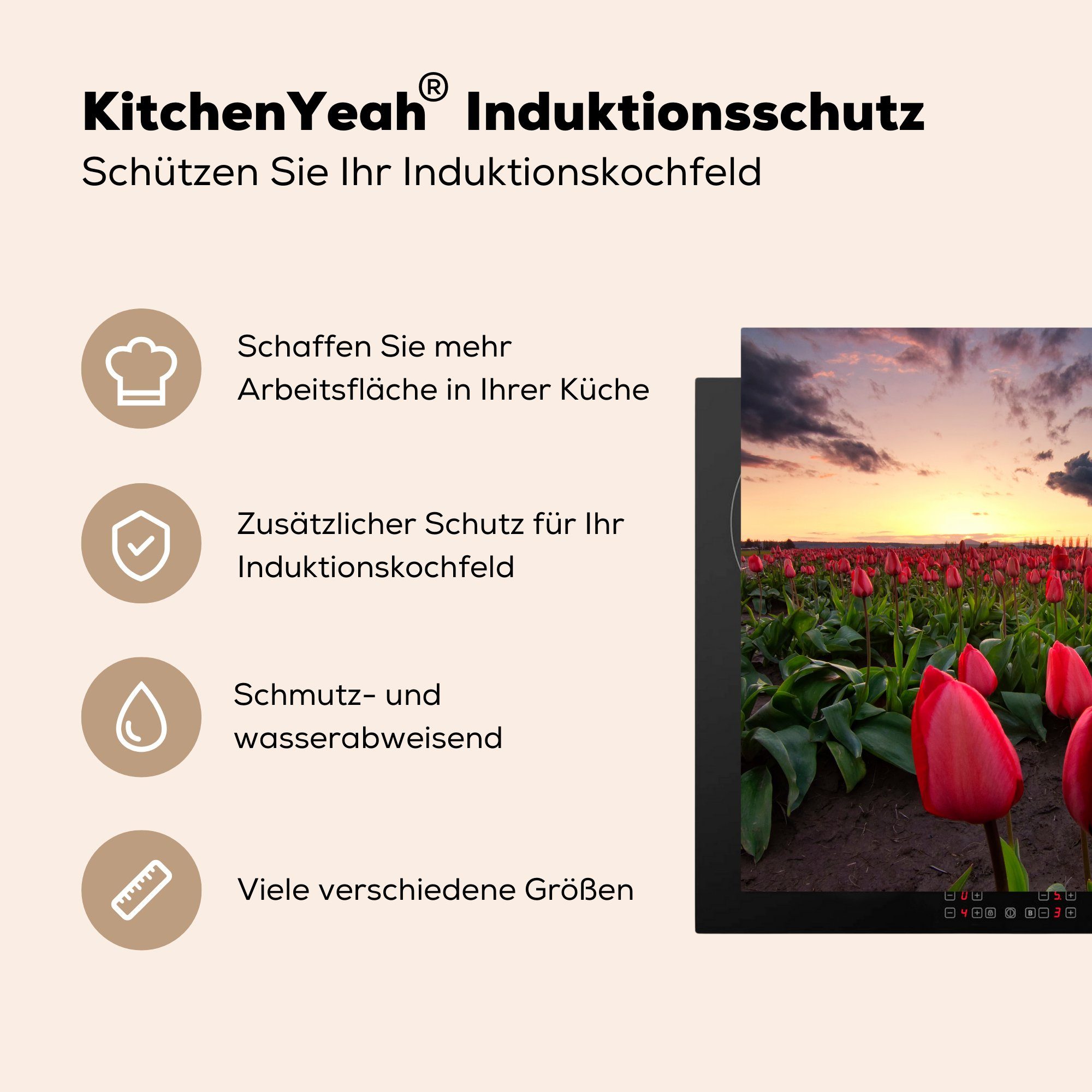 MuchoWow Herdblende-/Abdeckplatte Rote 78x78 cm, Sonnenuntergang, Arbeitsplatte für Ceranfeldabdeckung, und Tulpen Vinyl, tlg), (1 küche ein