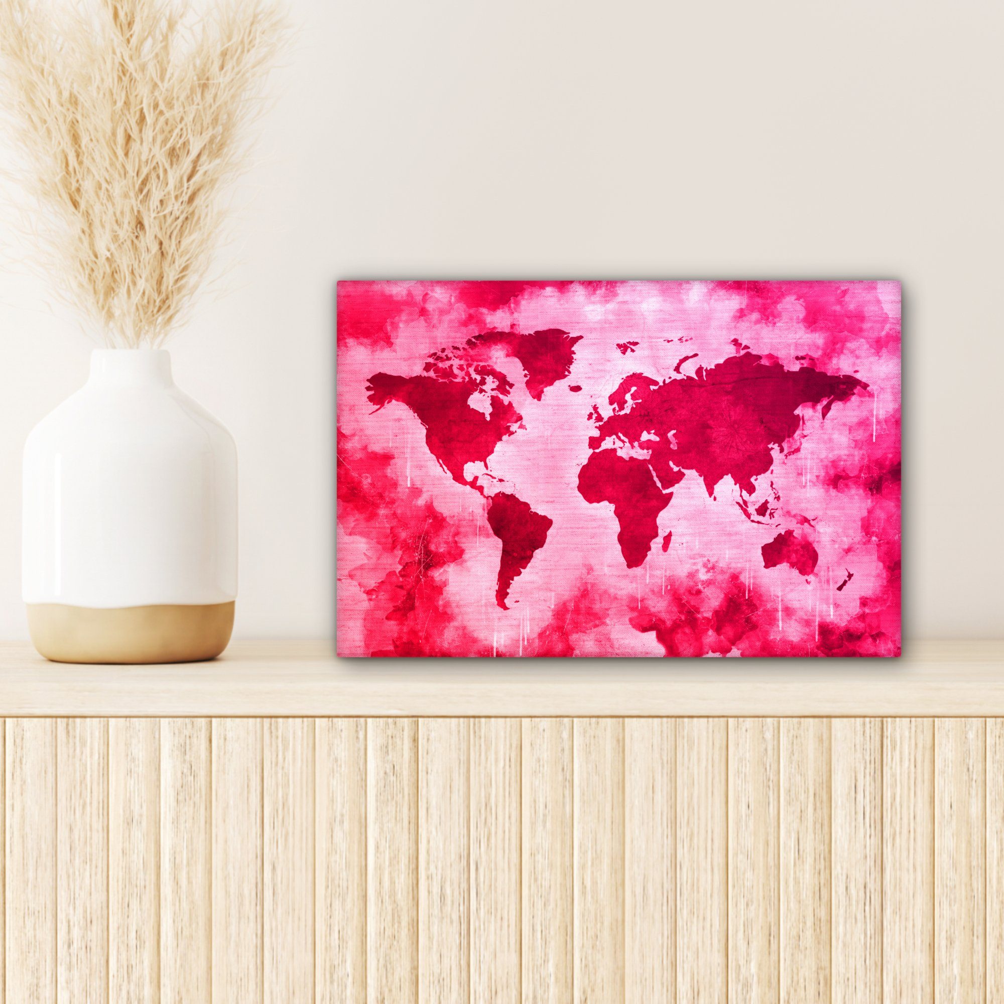 OneMillionCanvasses® Leinwandbild Weltkarte - Rot Wanddeko, (1 - 30x20 St), cm Leinwandbilder, Wandbild Aufhängefertig, Rosa