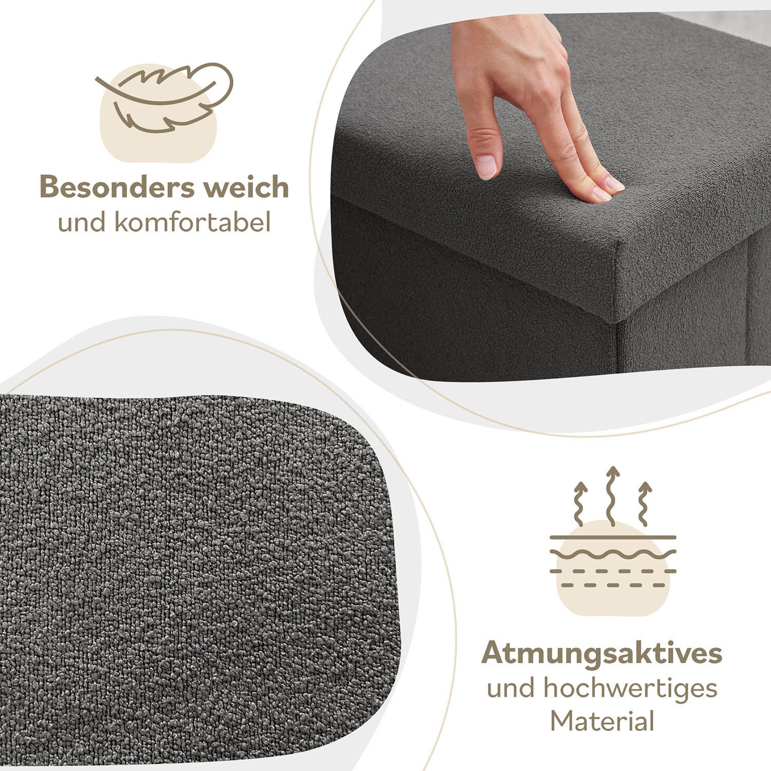 Laleni Sitztruhe Sitzbank mit Stauraum aus robustem Boucle-Stoff, Bequemer Hocker mit Stauraum - Aufbewahrungsboxen – Bild 4 von 5