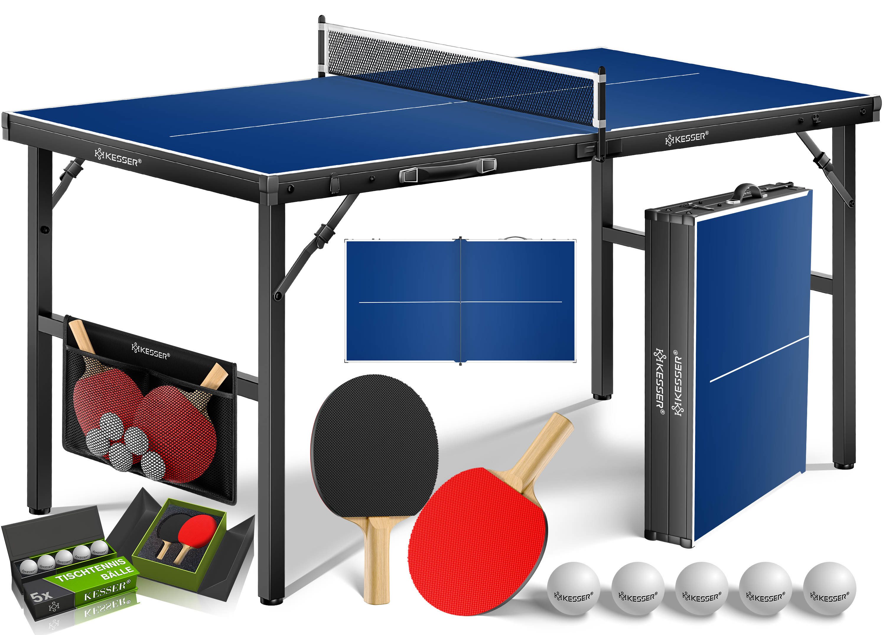 KESSER Mini-Tischtennisplatte Tischtennis Set, klappbarer Tischtennistisch (mit Netz, 2x Tischtennisschläger, 5x Tischtennisbälle & Zubehör-Tasche), In & Outdoor-fähig (im wettergeschützten Bereich)