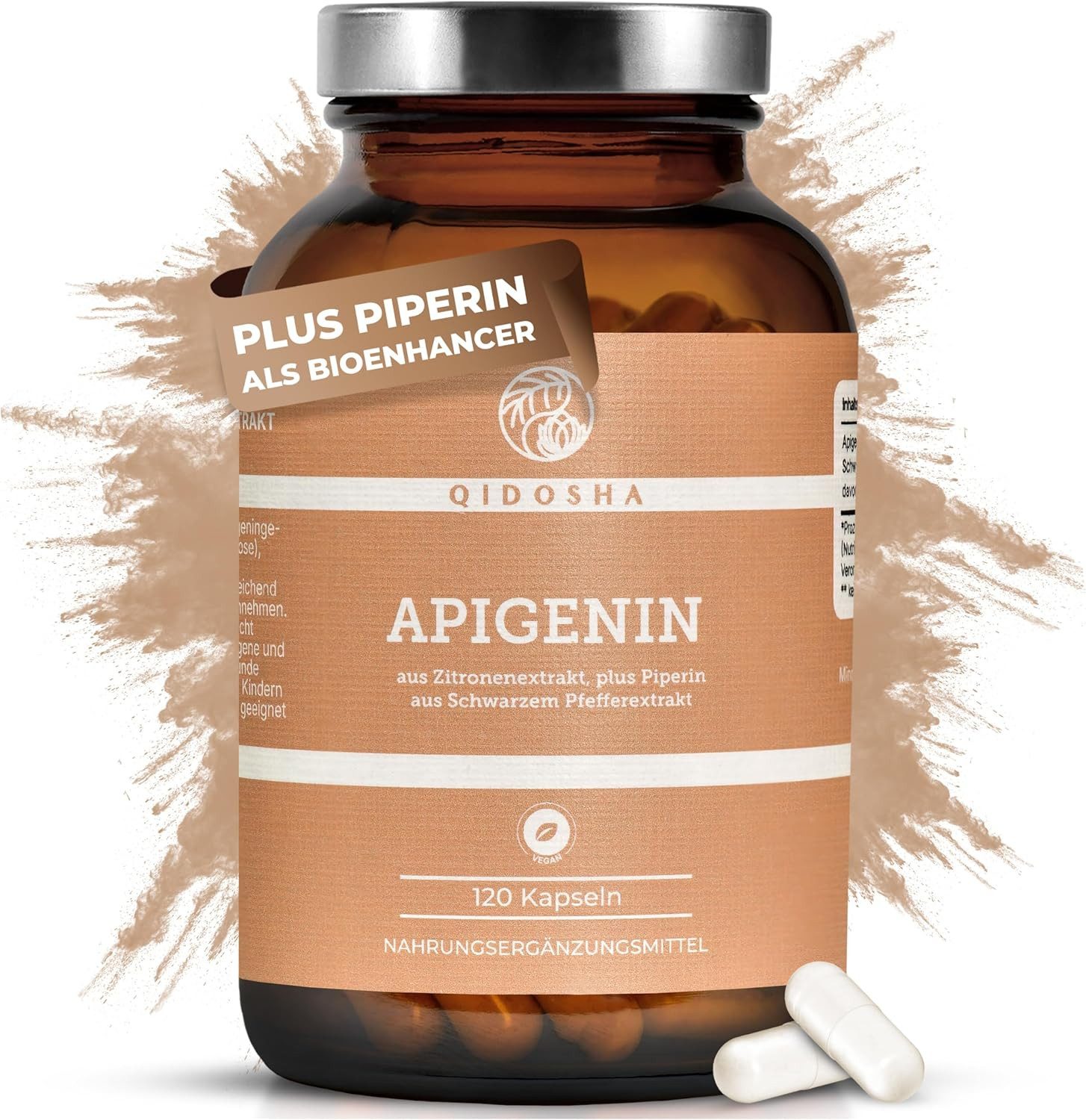 QIDOSHA Apigenin aus Zitronenextrakt plus Piperin als Bioenhancer Kapseln, Apigenin Kapseln, deutsche Fertigung, jede Charge laborgeprüft à 120 St., 36 g