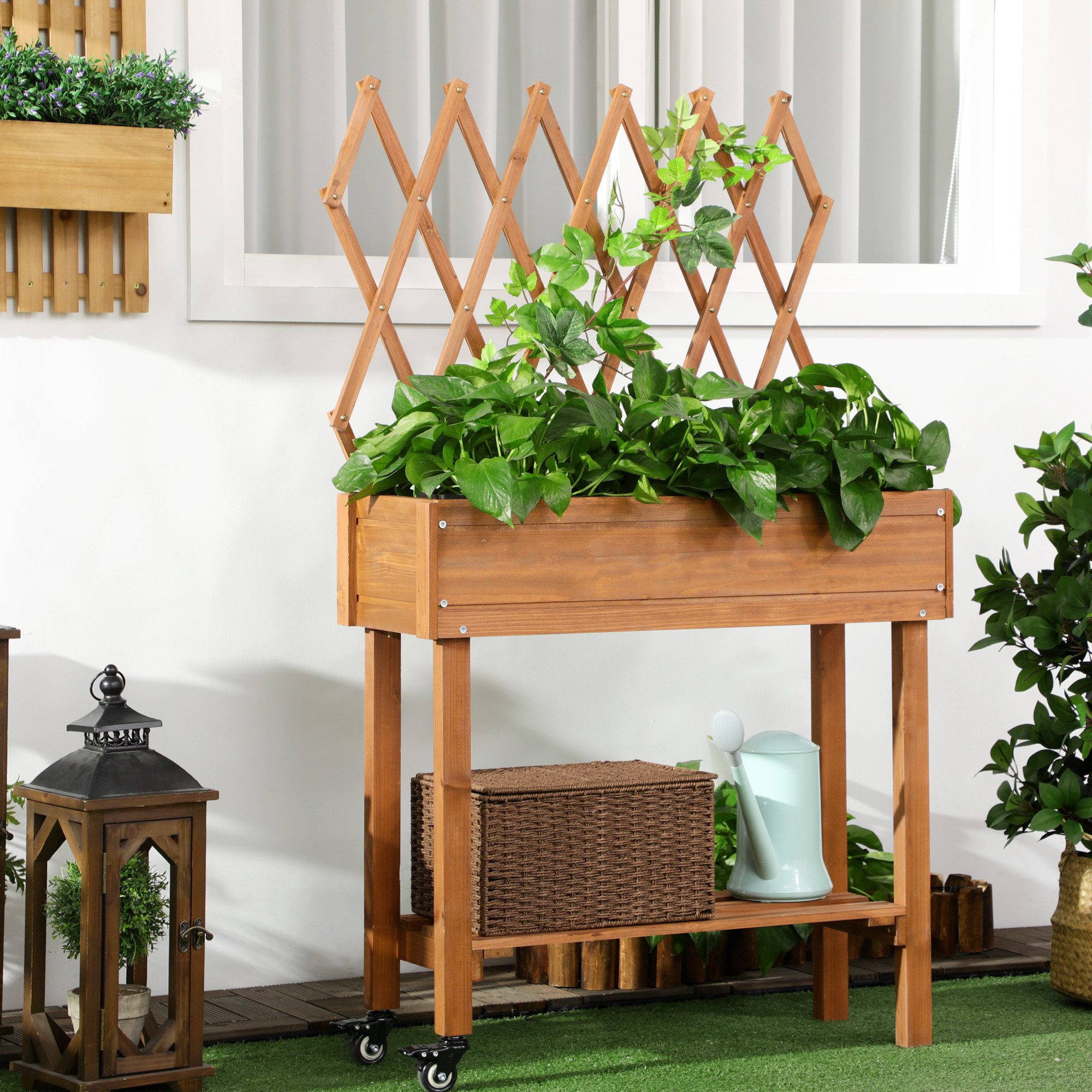 Outsunny Hochbeet Pflanzkübel mit Rollen, für Terrasse, Massivholz, 79 x 29 x 130 cm (Pflanzkasten, 1 St., Blumenkasten), für Garten, Balkon, Braun