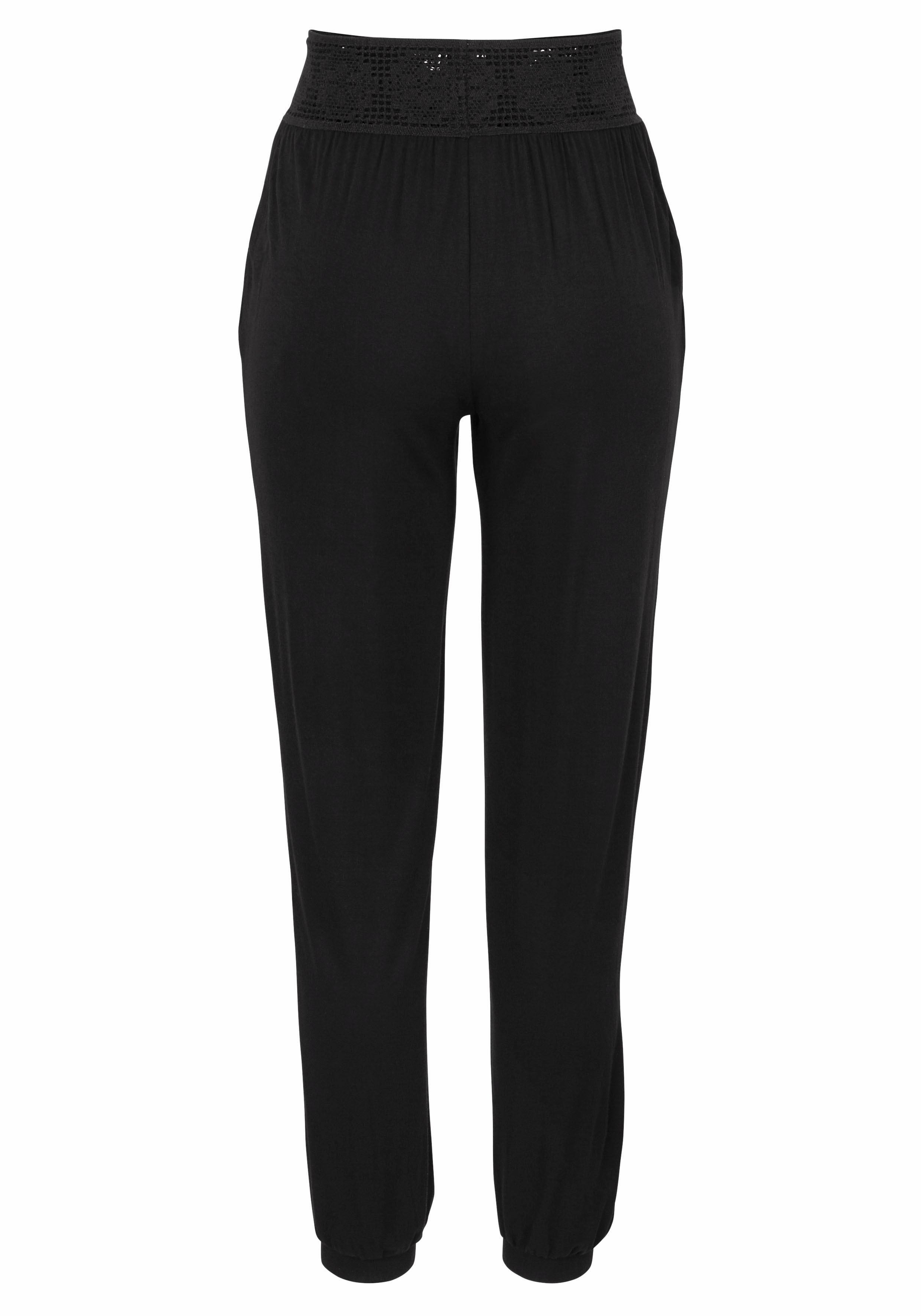LASCANA Strandhose aus bequemer und leichter Viskose mit Häkelbund mit Häkelbund, Jerseyhose, Strandhose, bequeme Sommerhose, Schlupfhose