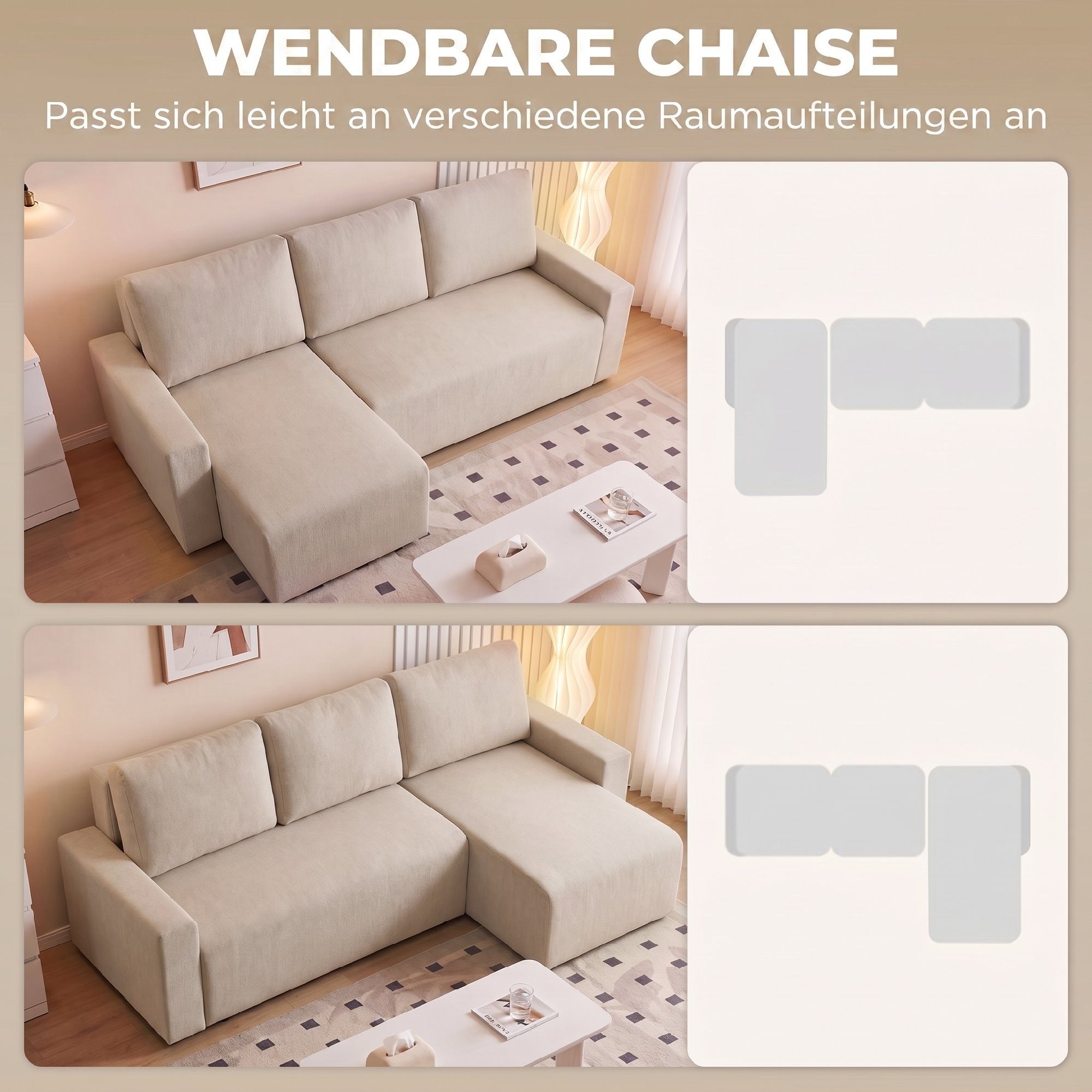 HOMCOM Schlafsofa L-Form 3-Sitzer Sofa aus Veloursbezug Schlafcouch, Beige, Eckcouch 1 Teile, Schlaffunktion, umkehrbare Ottomane, Stauraum – Bild 5 von 5