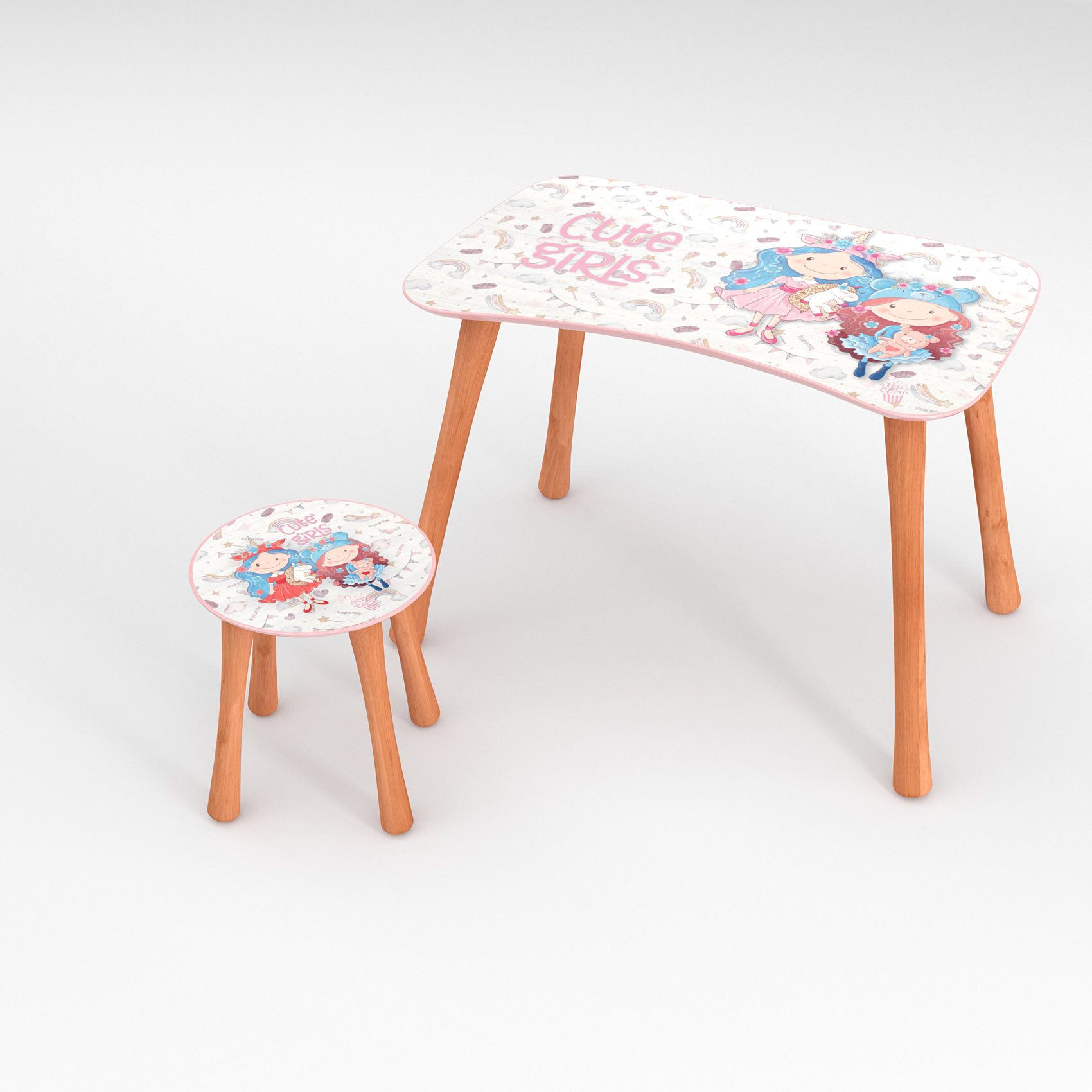 ANRO Kindertisch PopCorn Kindermöbel Hocker + Tisch mit Motiv (10-St., Tisch mit Stuhl/ Hocker), Spannendes Kindermotiv Cute Girls Weiß