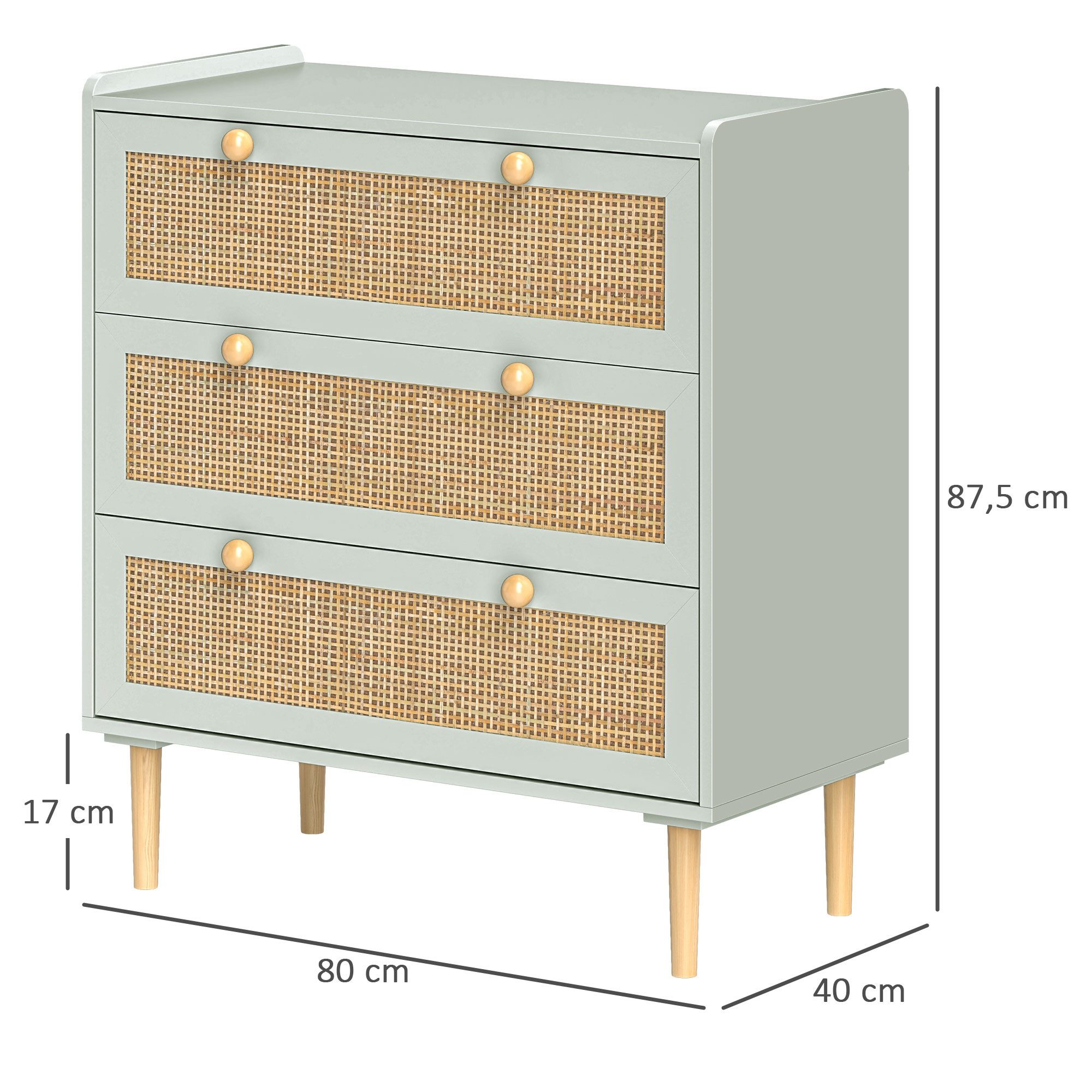 HOMCOM Kommode Beistellschrank mit 3 Schubladen, Boho-Stil, Rattanoptik (Schubladenkommode, 1 St., Sideboard), für Wohnzimmer, Schlafzimmer, Hellblau 80 x 40 x 87,5 cm
