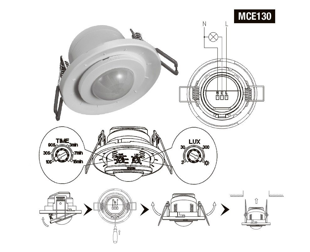 360º Maclean Unterputz-Montage Bewegungsmelder Infrarot-Decken-Bewegungsmelder MCE130,