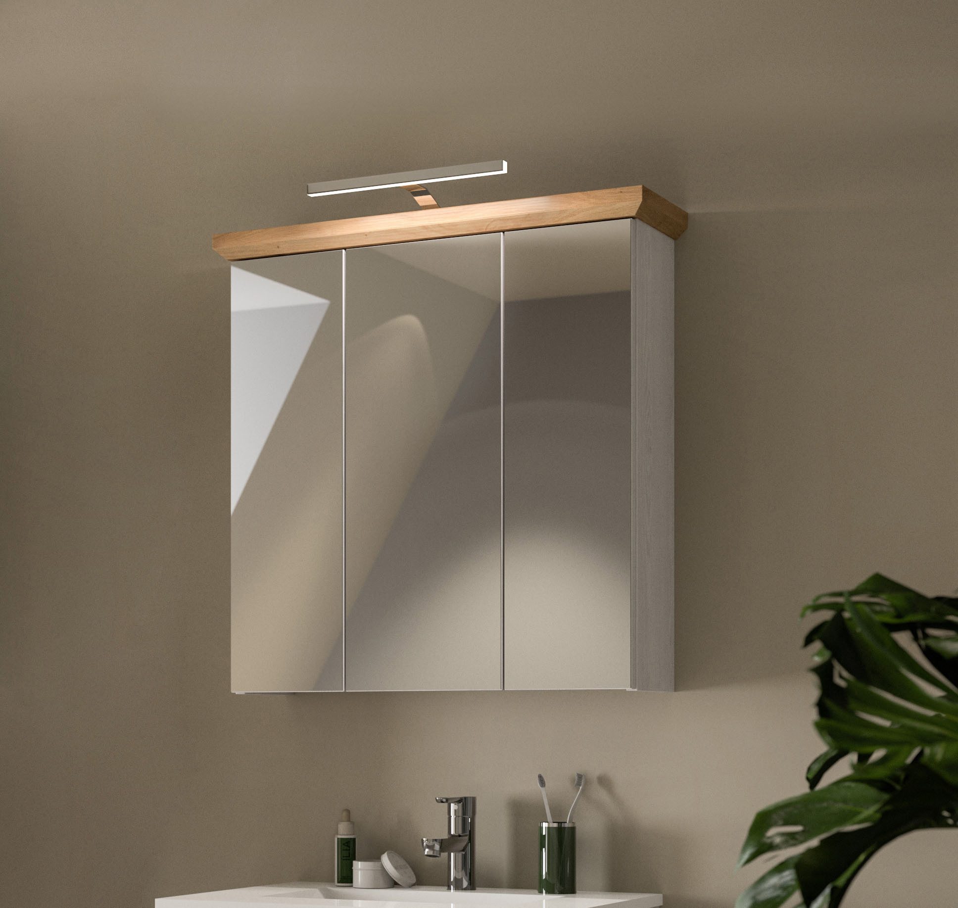welltime Spiegelschrank COSENZA, inkl. Beleuchtung, Breite 69cm, 3 Spiegeltüren, 9 Fächer (2-St., in Landhausoptik, mit weiteren Artikel der Serie kombinierbar) Spiegelschrank, Spiegel, Bad, Badezimmer