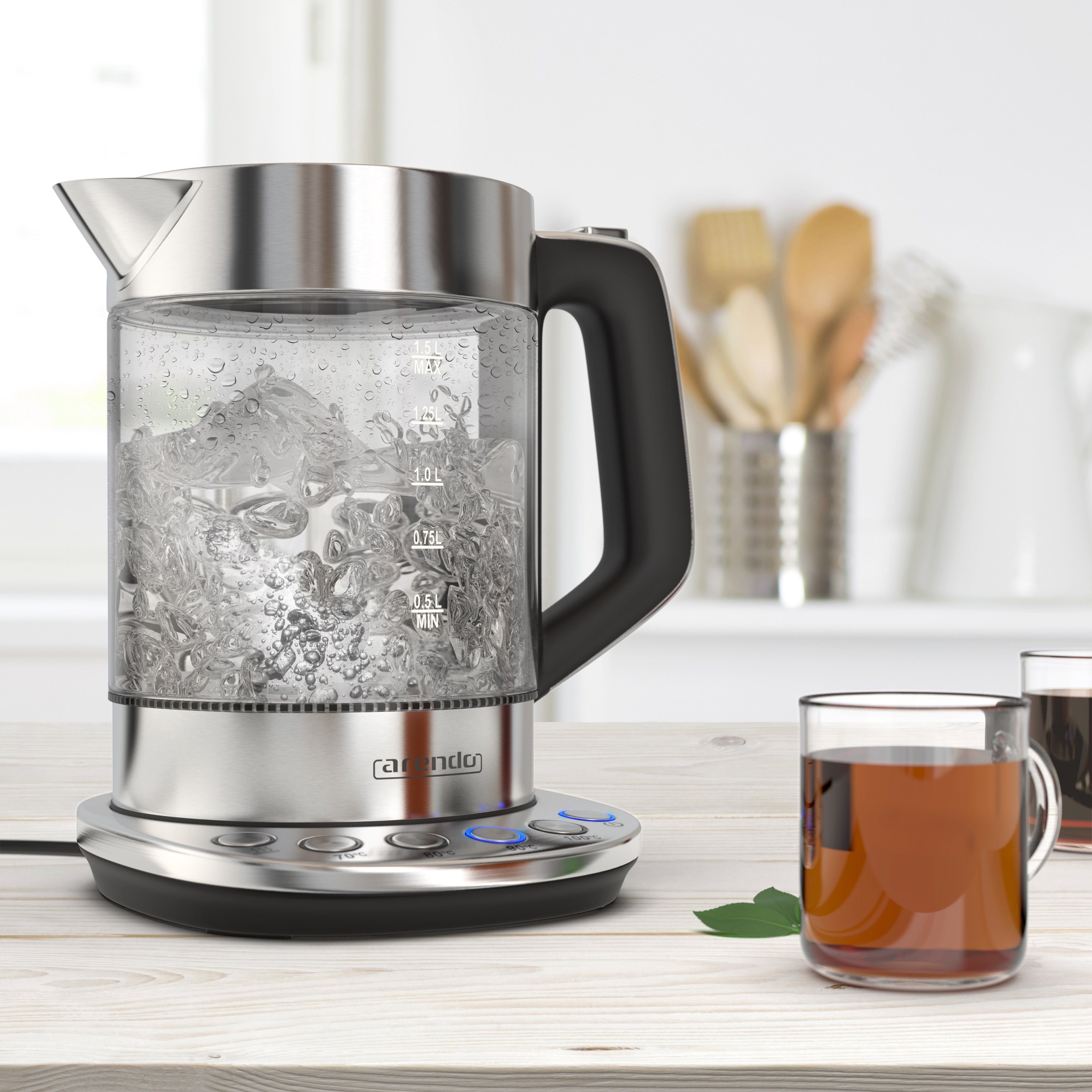 Arendo Wasserkocher aus Glas & Edelstahl, mit Temperatureinstellung, Basisstation, 1,5 l, 2200 W, Temperatureinstellung 70° - 100° C, Warmhaltefunktion, Borosil – Bild 5 von 5