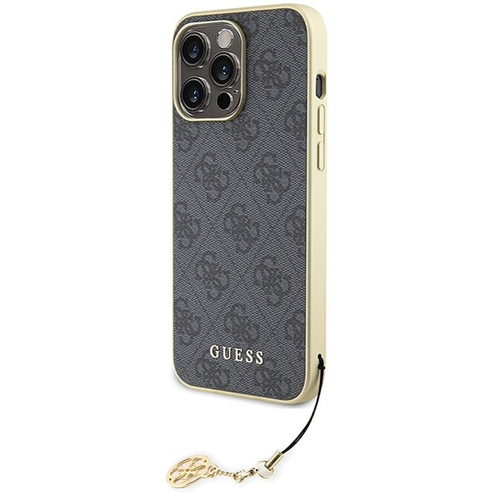 Guess Handyhülle Schutzhülle Anhänger, Goldfarbener Charm-Anhänger, 4G-Musterdruck, Kunstleder-Optik