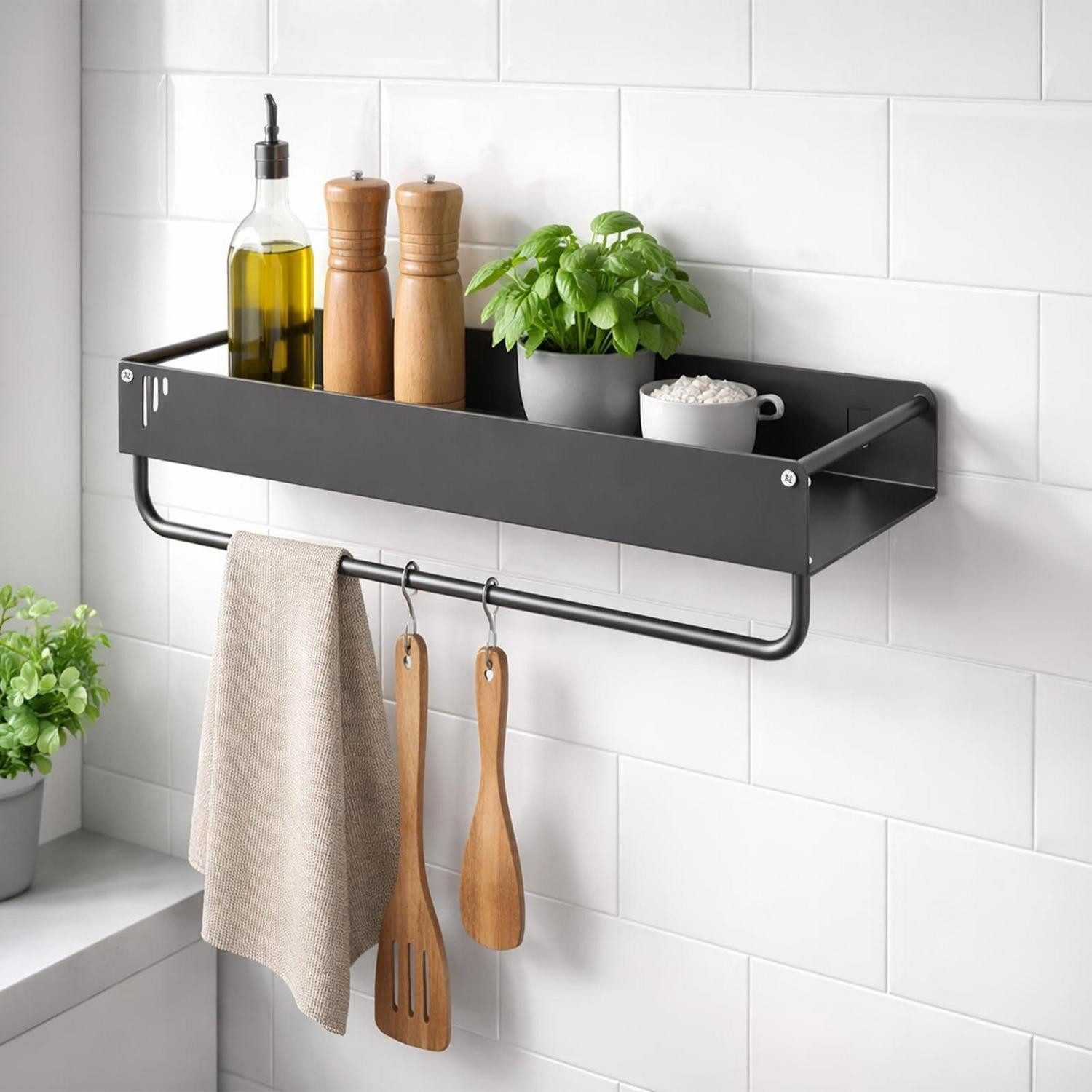LuxusKollektion Gewürzregal Küchen Wandregal mit Handtuchstange 40cm Grau, 1-tlg.