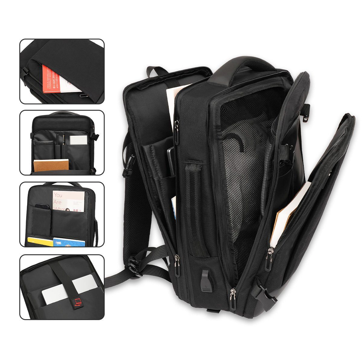 MULISOFT Freizeitrucksack Laptop,Schwarz, Reiserucksack zoll und mit Erweiterbarer USB-Ladeanschluss Laptoprucksack 46x32x28cm für Laptopfach 17