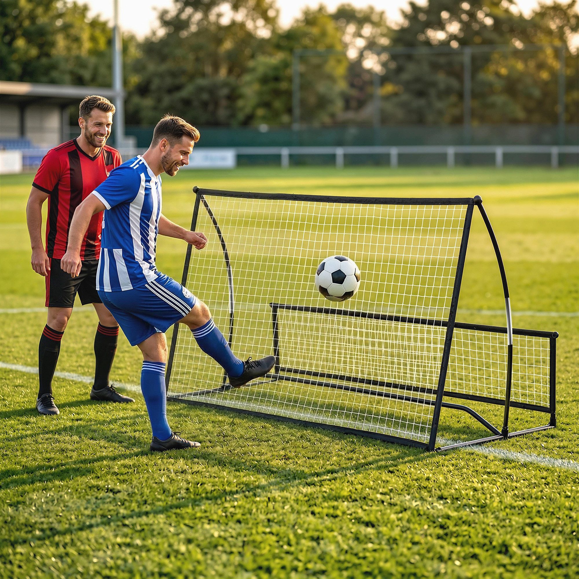 SPORTNOW Rebounder Fußball Kickback Tor mit Rückprallwand Netz, (2-in-1 Zweiseitig Faltbar Prellwand, 1-St., Fußballtor), für Jugendliche, für Handball Training, Schwarz