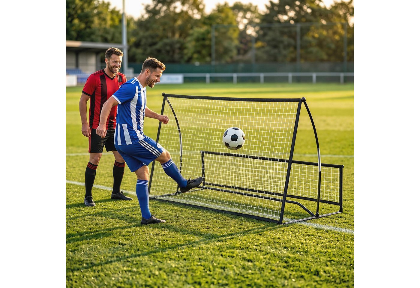 SPORTNOW Rebounder Fußball Kickback Tor mit Rückprallwand Netz, (2-in-1 Zweiseitig Faltbar Prellwand, 1-St., Fußballtor), für Jugendliche, für Handball Training, Schwarz