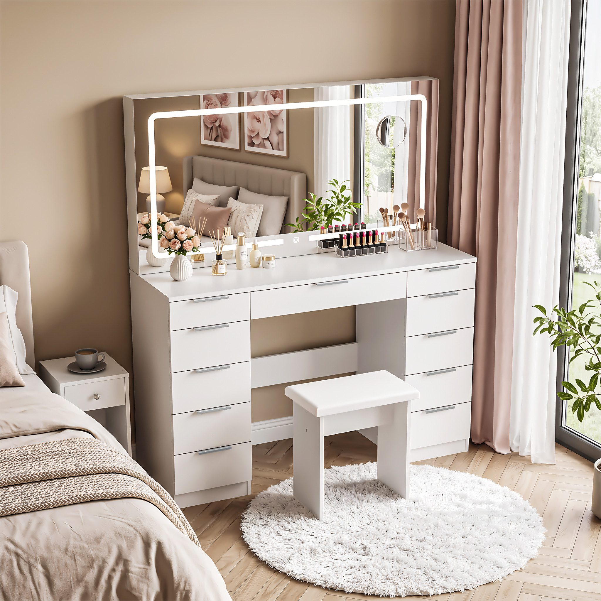 oyajia Schminktisch Kosmetiktisch mit Hocker & LED-Beleuchtung (Einstellbare drei Farbtemperaturen, um Ihr perfektes Make-up zu präsentieren), Mit 11 Schubladen,Steckdosen,Großer Spiegel
