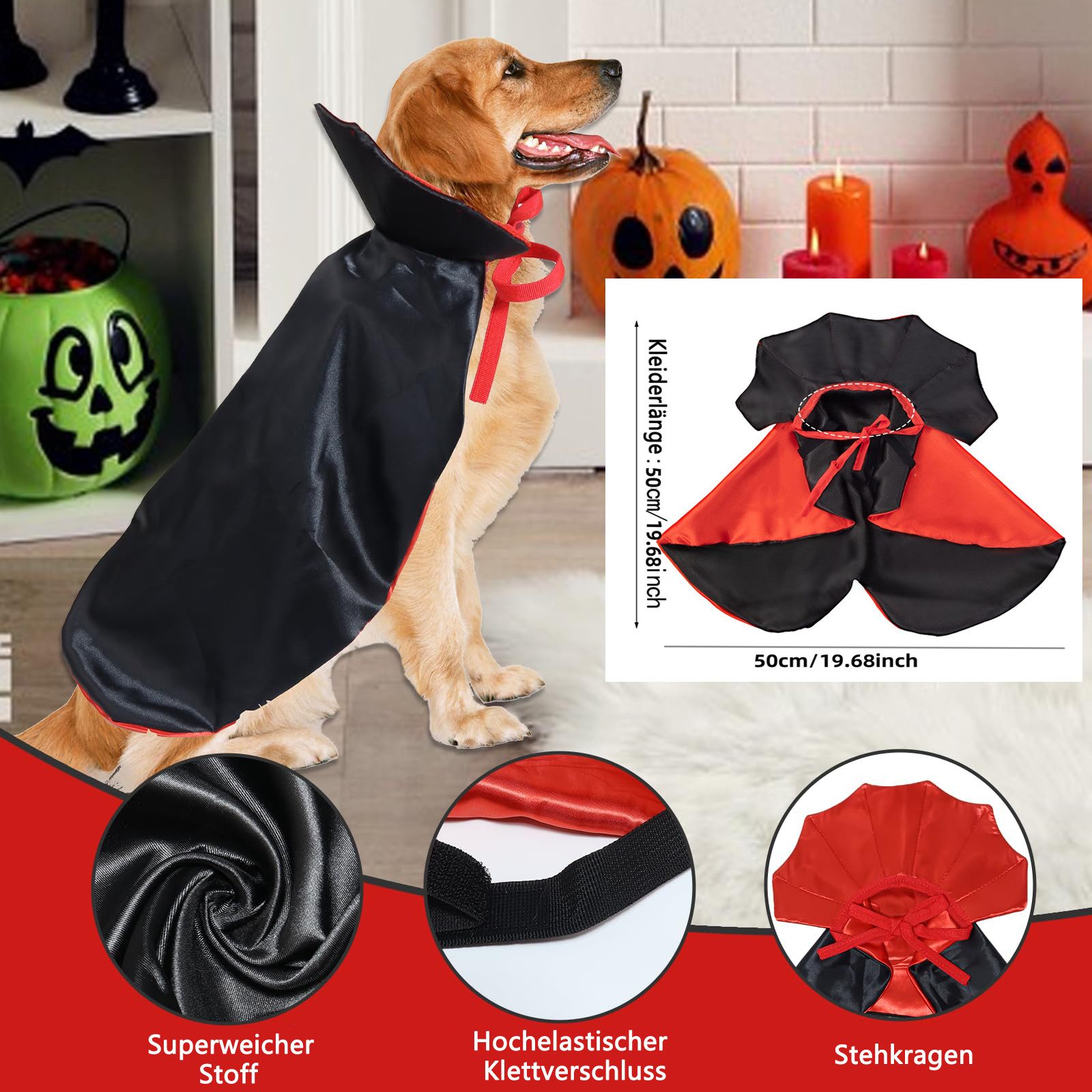 Sorvyzxn Hundekostüm Halloween Hund Umhang mit Stehkragen, Lustiges Vampir Cape, Bequemes Haustier Kostüm mit Klettverschluss