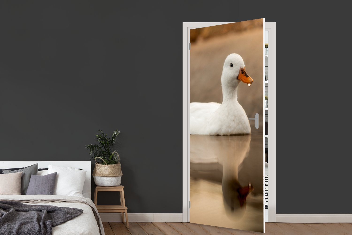 bedruckt, Türtapete Vogel - - Tür, Türaufkleber, - Matt, 75x205 cm (1 St), Weiß, Ente Wasser MuchoWow für Fototapete