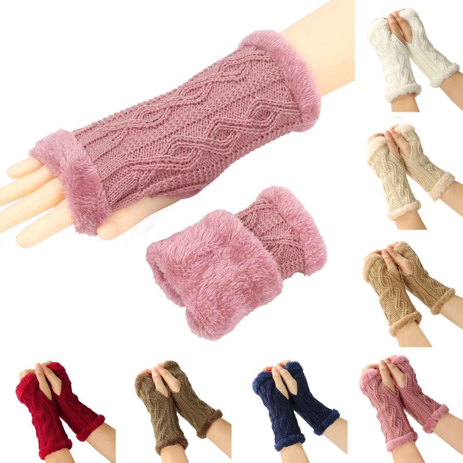 XDeer Strickhandschuhe 2 Paar Fingerlose Handschuhe Armstulpen Damen,Winter Winterhandschuhe Wärmer Strick Handschuhe,Gestrickte Fingerlose Fäustlinge white+pink