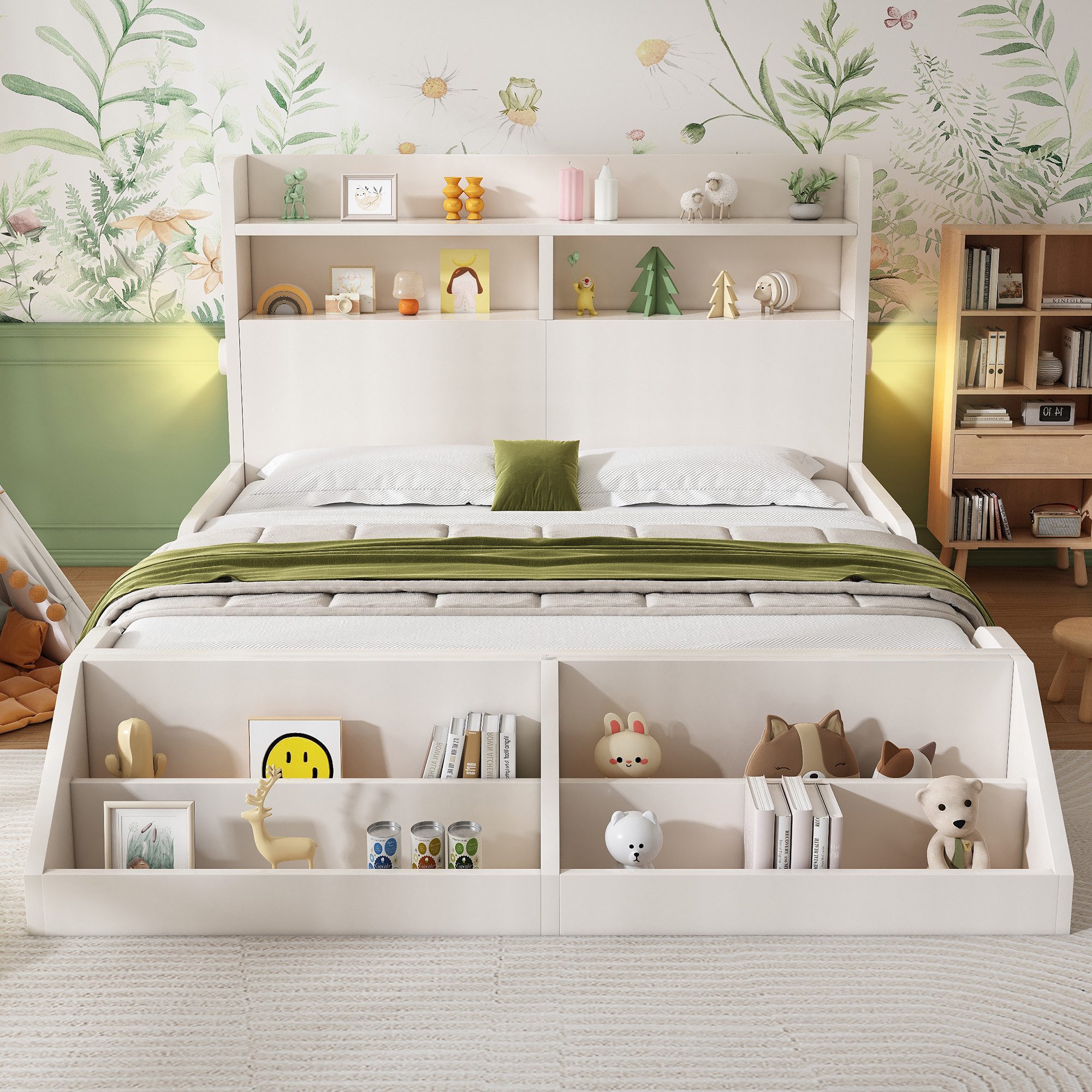 Flieks Kinderbett, Holzbett Einzelbett 140x200cm mit Nachtlicht, abnehmbare günstig online kaufen