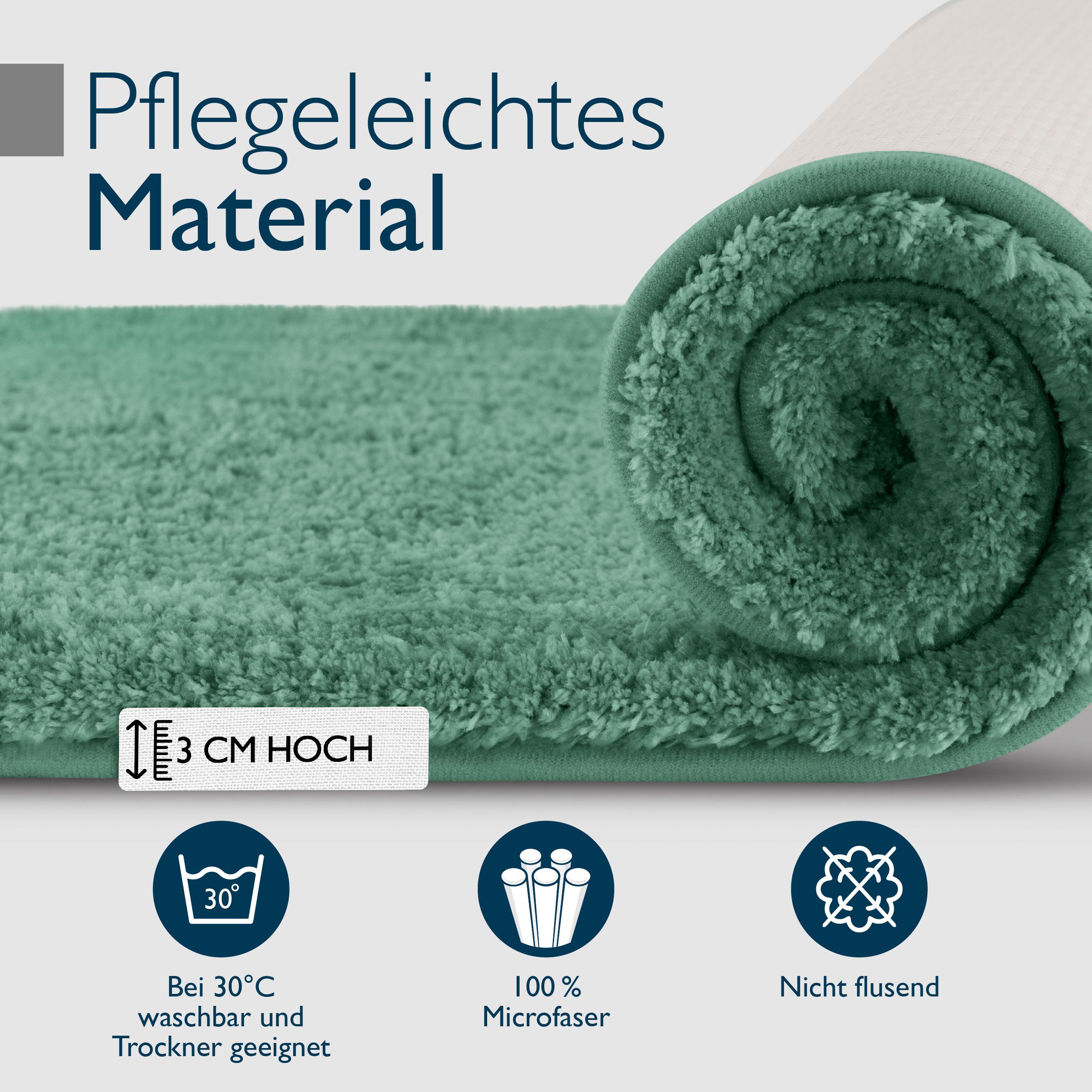Beautissu Badematte Badematte rutschfest BeauMare FL, 60x50cm, Mintgrün, Höhe 30 mm, Polyester, 60x50 cm Duschvorleger Hochflor Badteppich rutschfest Waschbar S – Bild 4 von 5