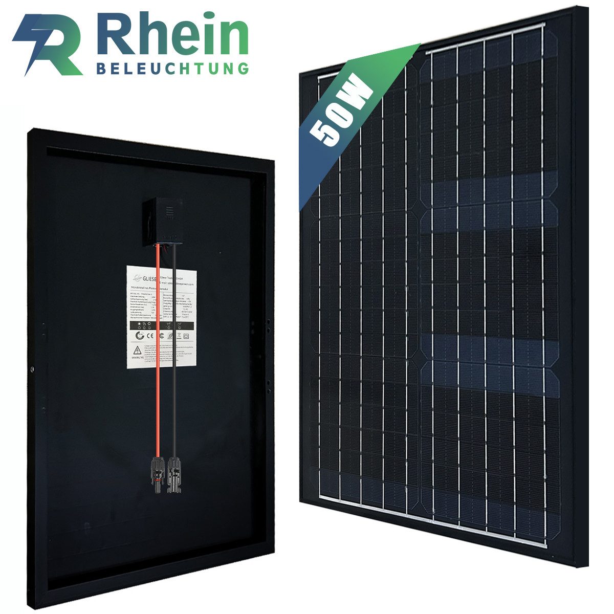 Rhein Beleuchtung Solarmodul 50 W 12 V Solar Panel, pv modul, solarmodule, (1-St., 67 * 54 * 2,5cm, Geeignet für Balkone, Wohnwagen, Boote), Aluminiumrahmen, IP65 wasserdicht, mit vormontierten Bohrungen