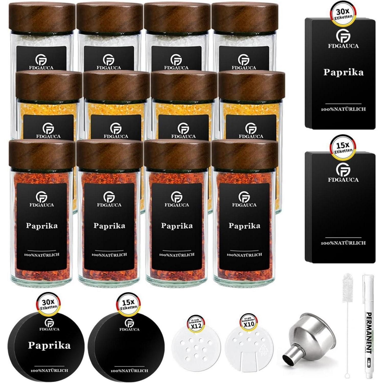 LuxusKollektion Gewürzbehälter Gewürzgläser Set, 12 Gewürzdosen 180 Etiketten, Küchen Organizer, Holz