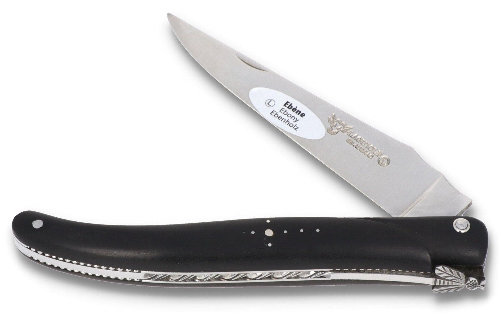 Laguiole en Aubrac Taschenmesser L0512EB6, "Perle" - Griff 12cm Ebenholz - Verzierte Platinen - Stahl satiniert