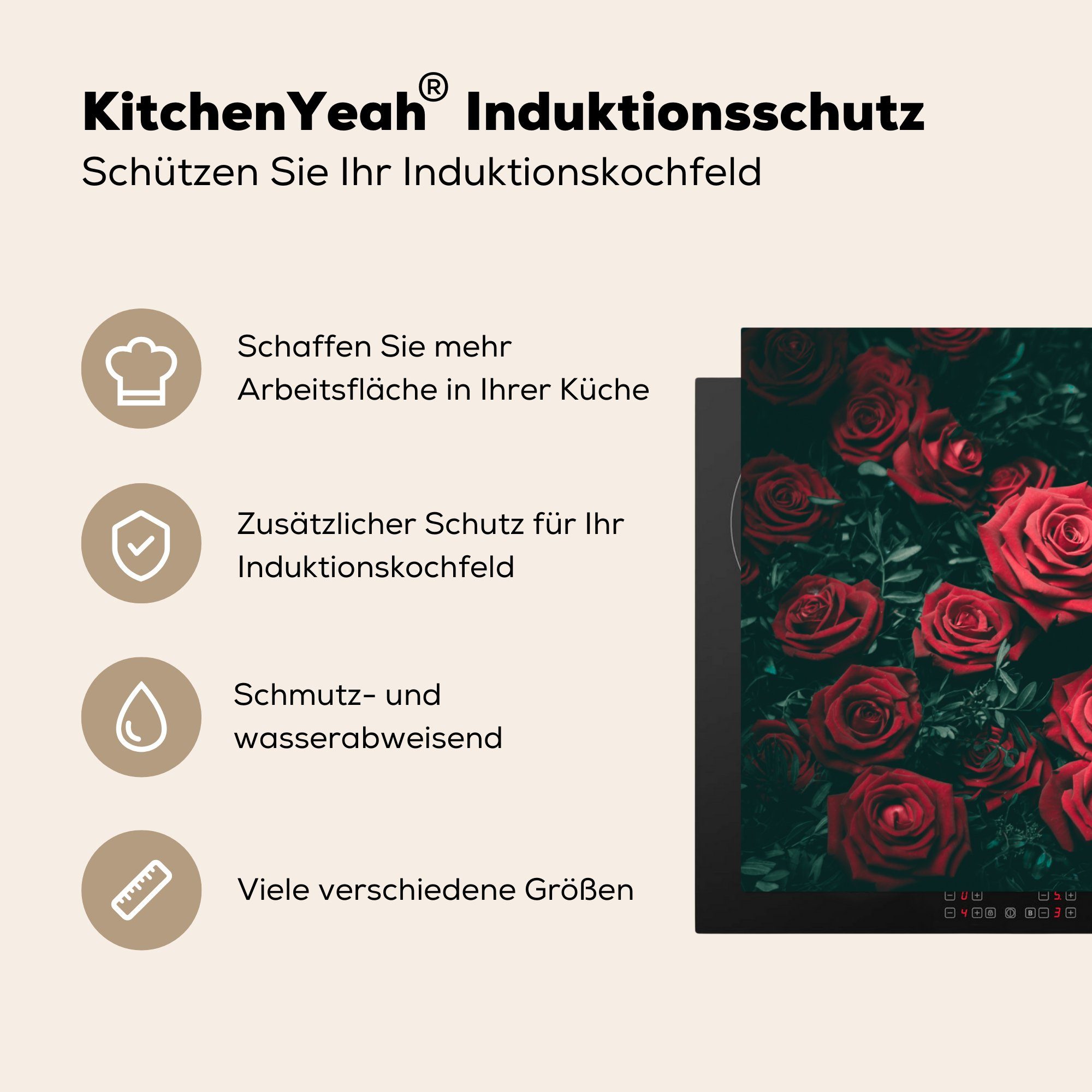 Rot, cm, MuchoWow die - für (1 Herdblende-/Abdeckplatte Induktionskochfeld Blumen Schutz küche, Rosen Vinyl, 81x52 - Ceranfeldabdeckung tlg),