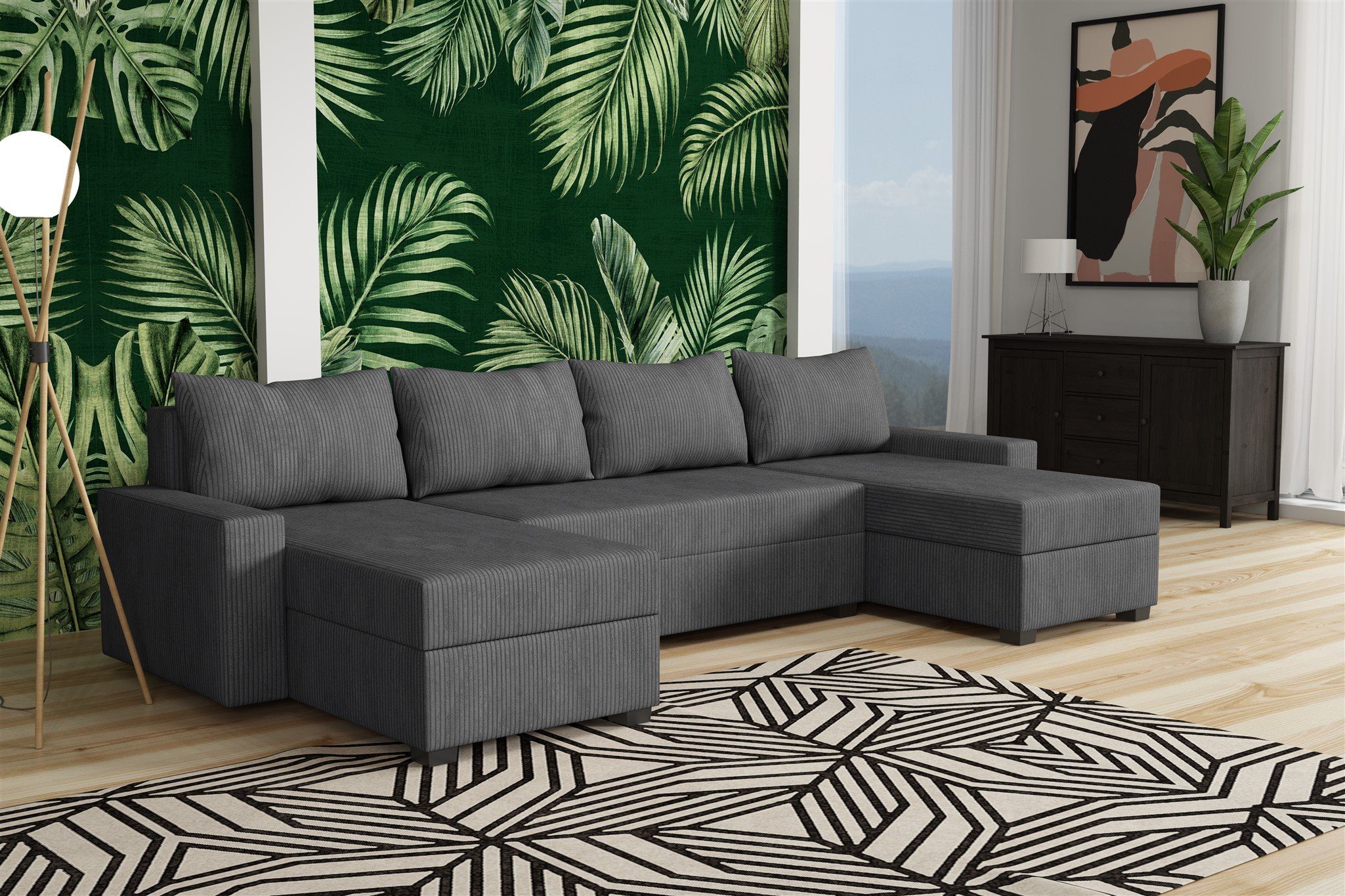 Fun Möbel Wohnlandschaft Sofa AGNETA LUX Velourstoff Lincoln mit Schlaffunktion, inkl. 3 Bettkästen und 4 Rückenkissen, Rundumbezug