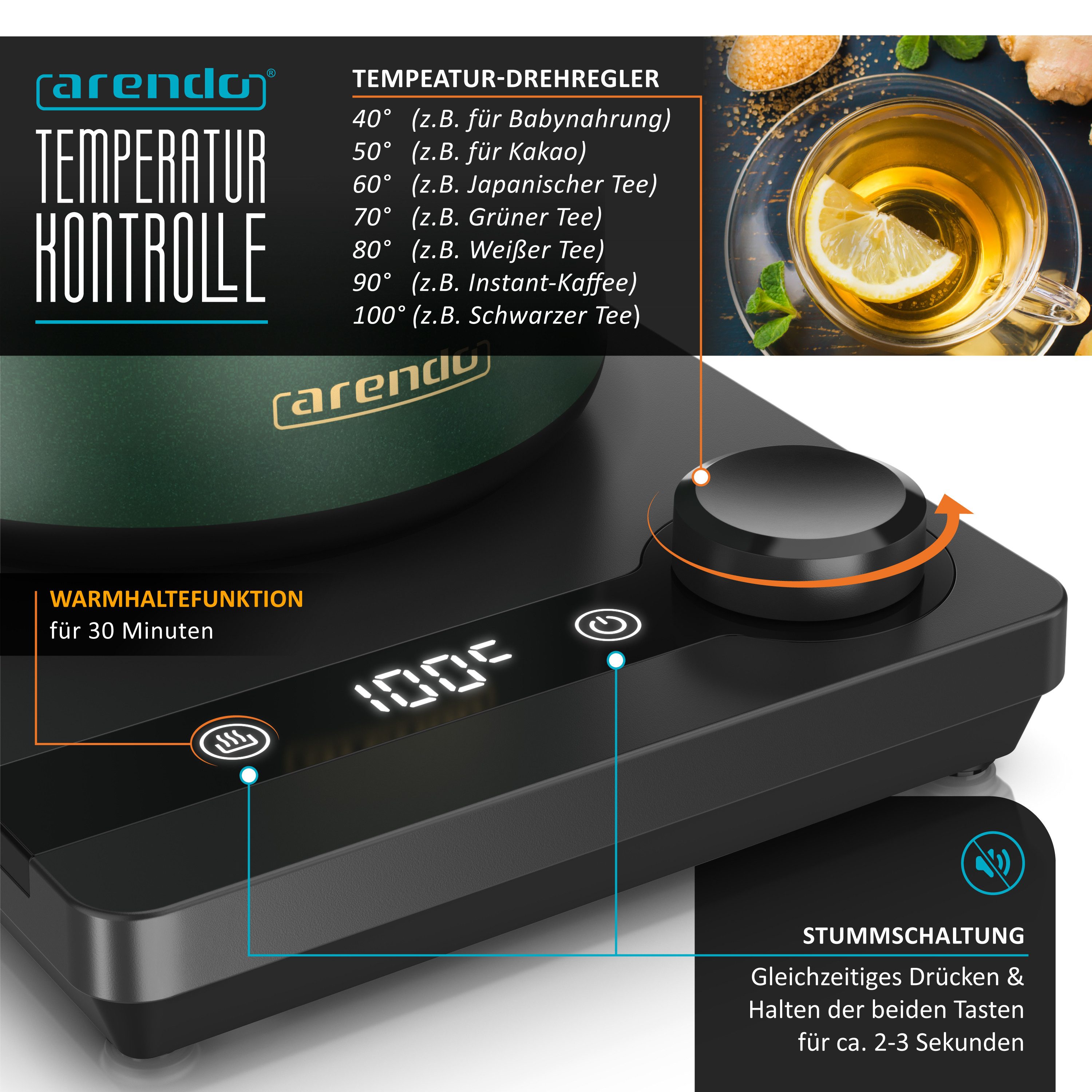 Arendo Wasserkocher Temperatureinstellung 40°-100°C, Edelstahl, Retro, 0.6 l, 1000 W, Schwanenhals‑Ausguss, BPA‑frei, Warmhaltefunktion, Teekocher