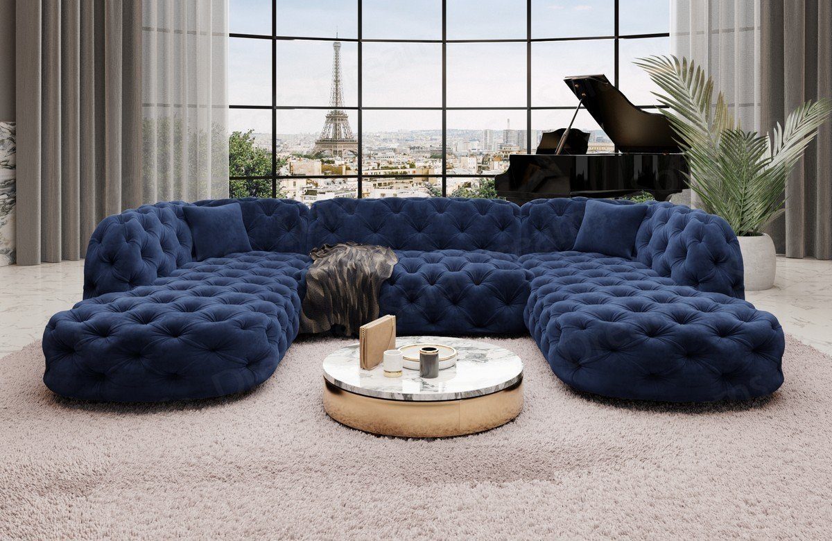 Sofa Dreams Wohnlandschaft Samtstoff Sofa Designer Couch Lanzarote U Lounge Stoffsofa, Couch im Chesterfield Look