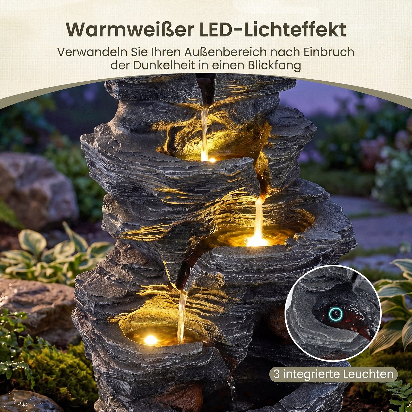 COSTWAY Zimmerbrunnen, Mit leise Pumpe, Naturstein-Optik, LED-Beleuchtung