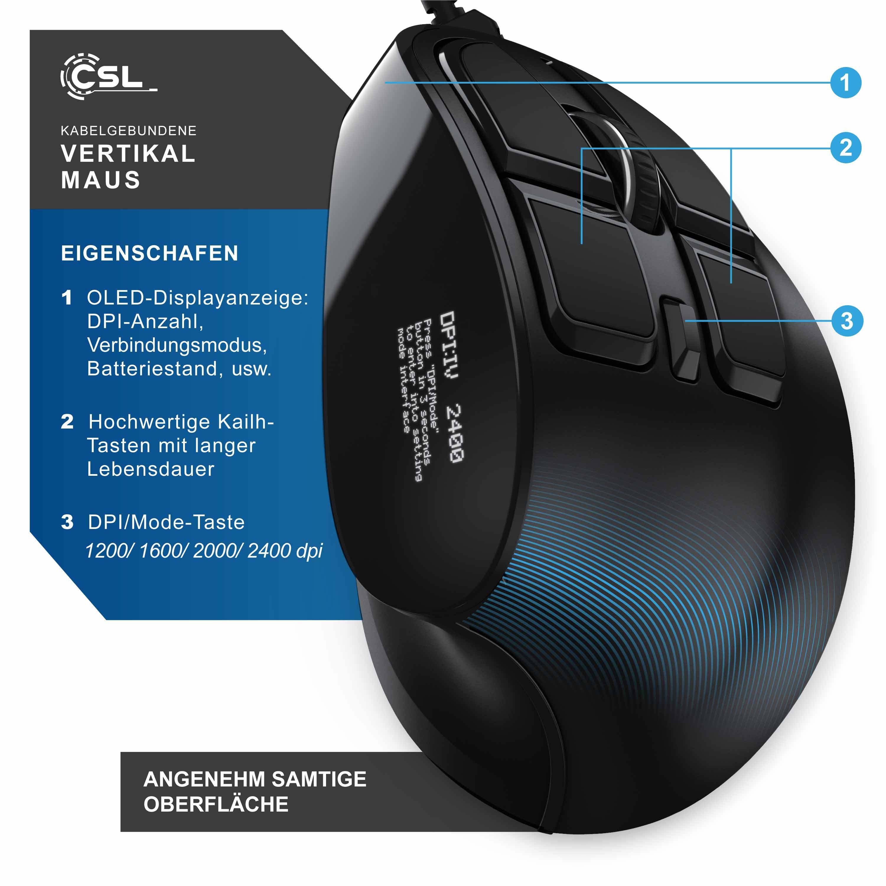 CSL ergonomische Maus 125 Vertikal kabelgebunden Maus mit dpi, OLED-Display Tasten) (kabelgebunden, Konfigurierbare