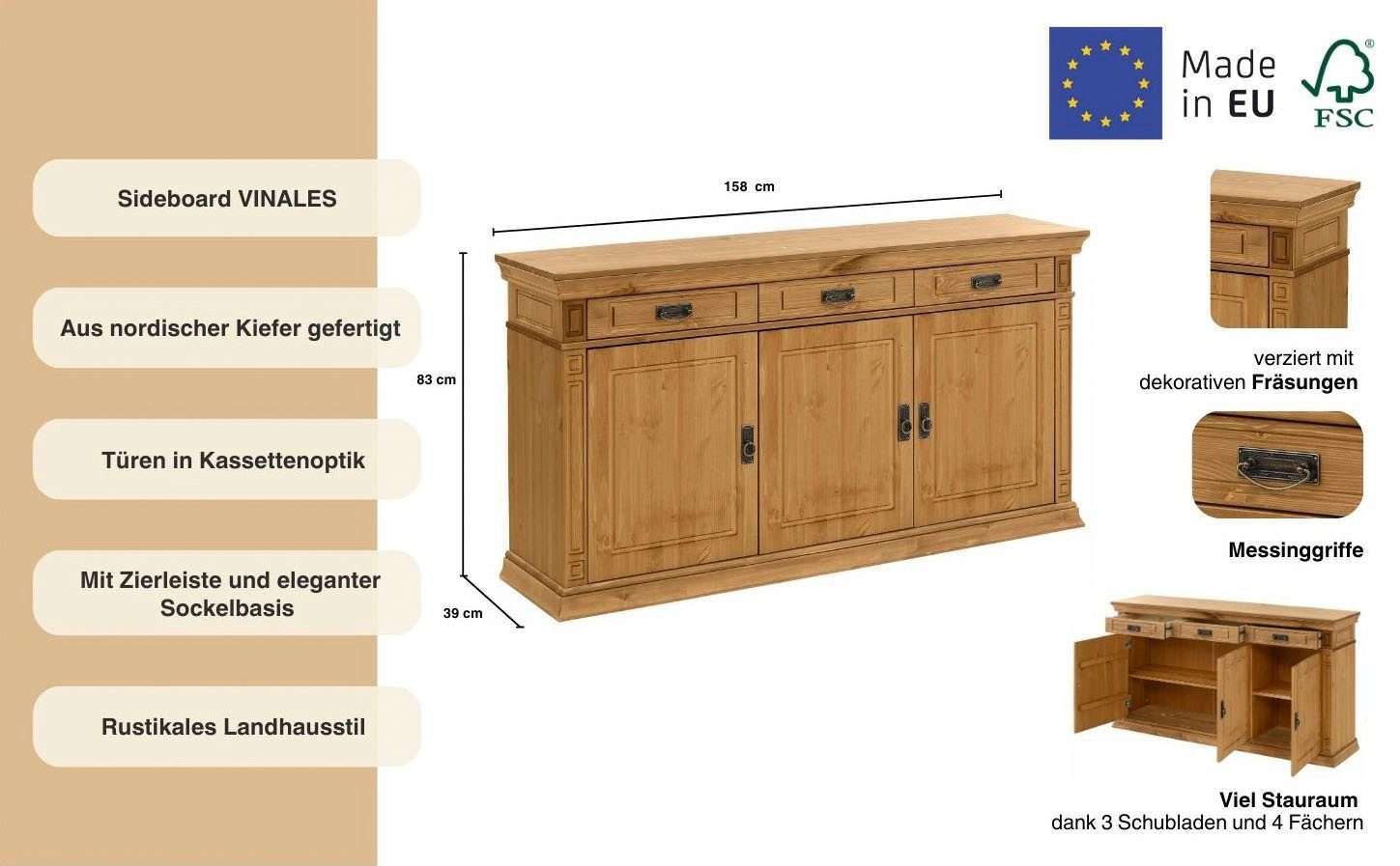 OTTO home Sideboard Vinales (B/T/H: 155/39/83 cm), Kommode, Breite 158 cm