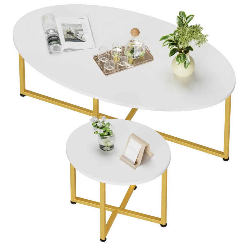 Homfa Couchtisch, 2-Set Oval Wohnzimmertisch Satztisch Beistelltisch Weiß Gold