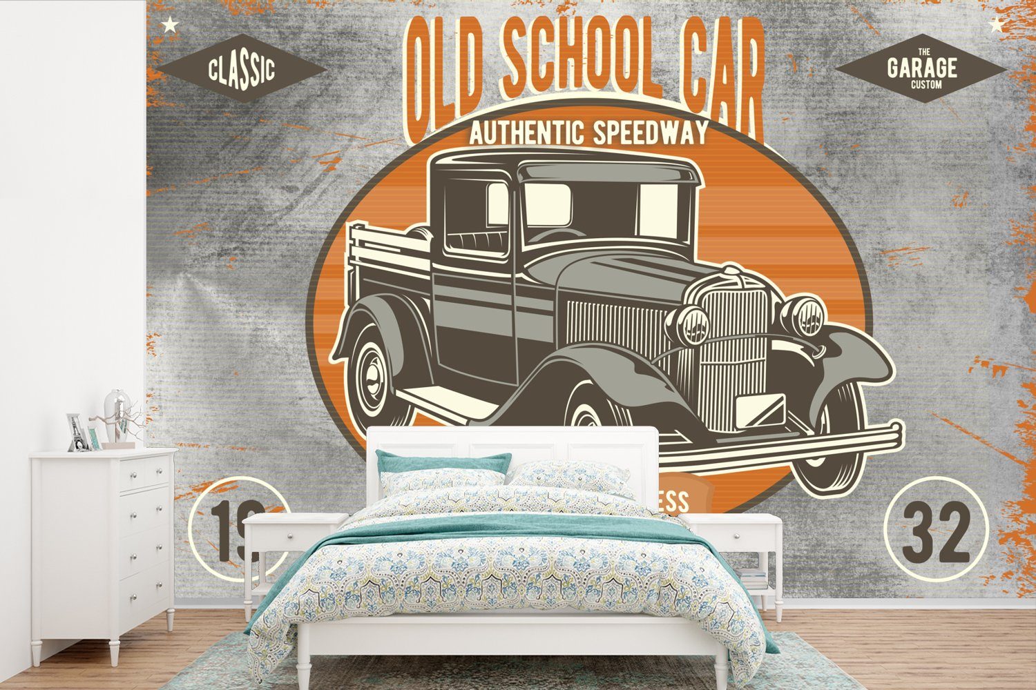 MuchoWow Fototapete Mancave - Auto - Orange - Grau - Vintage, Matt, bedruckt, (6 St), Wallpaper für Wohnzimmer, Schlafzimmer, Kinderzimmer, Vinyl Tapete