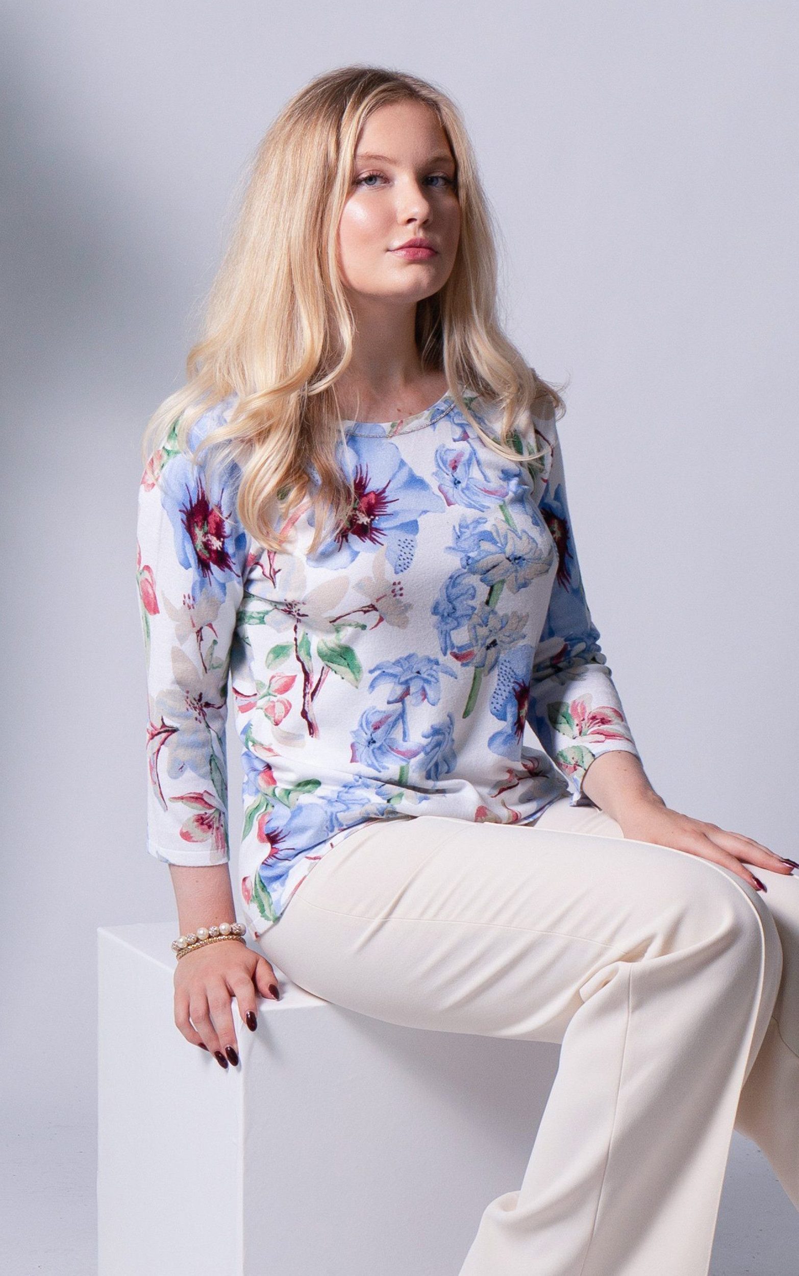 Passioni 3/4 Arm-Pullover mit Pastell Blumenprint und 3/4 Ärmeln Sommerpull günstig online kaufen
