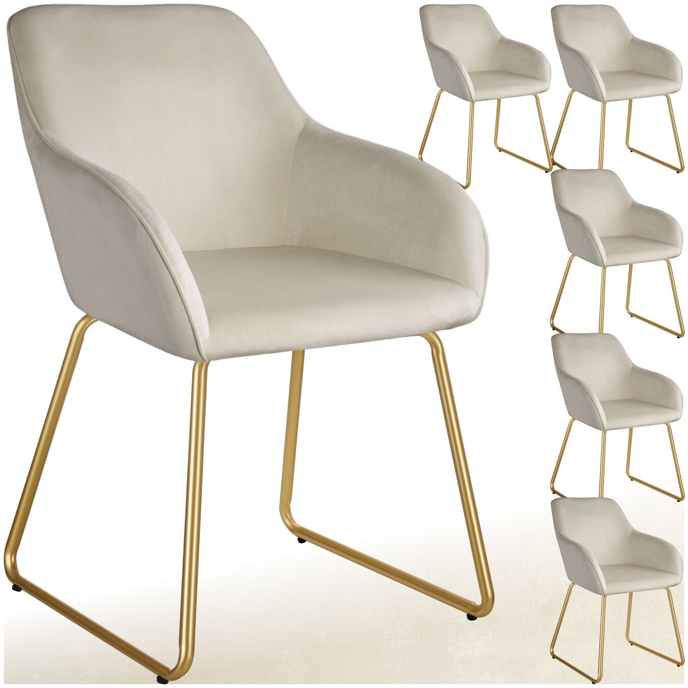 tectake Esszimmerstuhl Polsterseesel in Samtoptik, Belastbarkeit 120 kg, 57 x 61 x 85,5 cm (Küchenstuhl Jeane in Samtoptik creme/gold, 6 St), höhenverstellbare Füße, durchgehende Lehne, Kufengestell aus Stahl